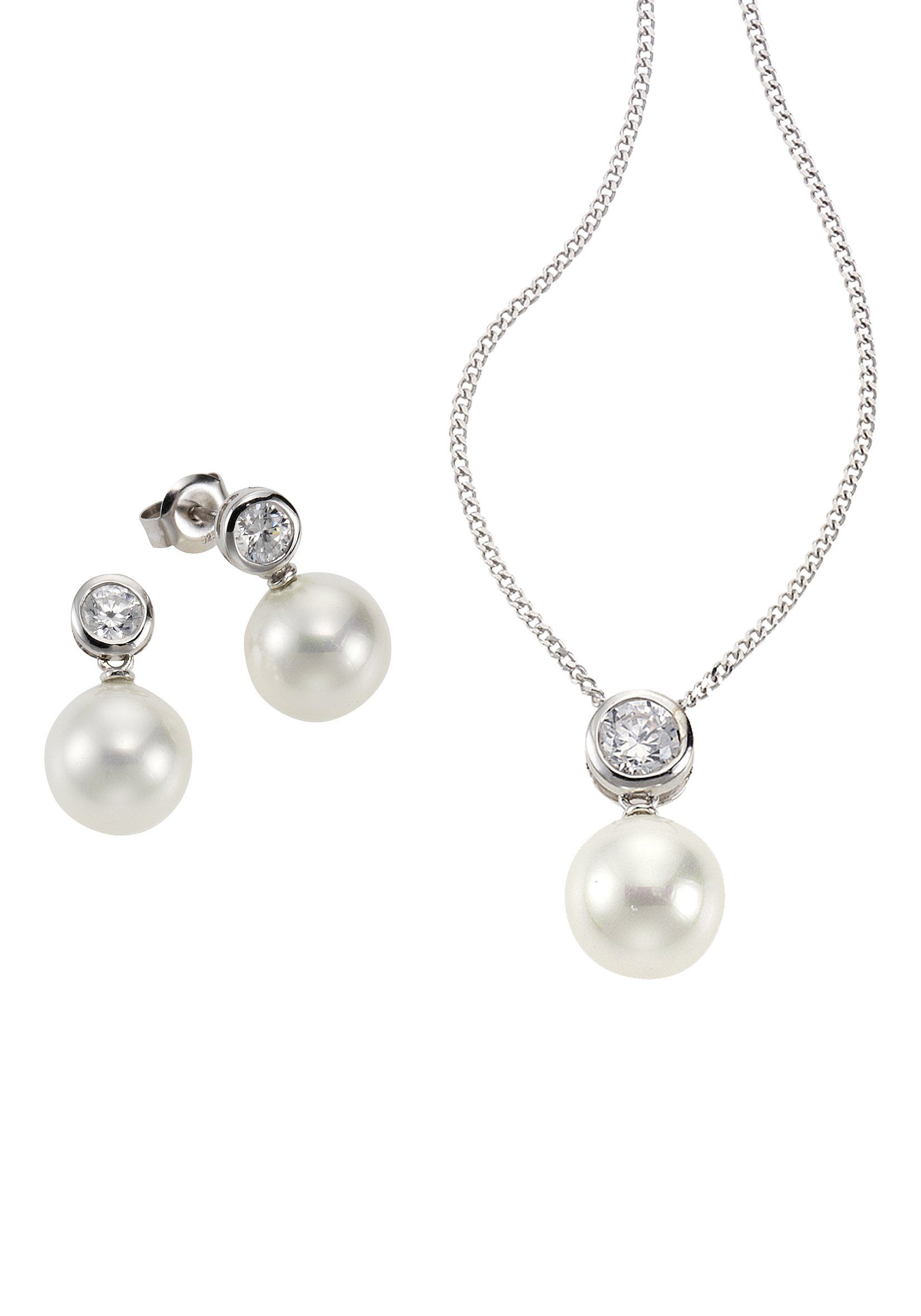 Firetti Ohrring und Ketten Set Multipack Schmuck Geschenk Silber 925 Halskette Ohrstecker Perlschmuck (Set, 4-tlg), mit Zirkonia (synth) - mit Muschelkernperlen