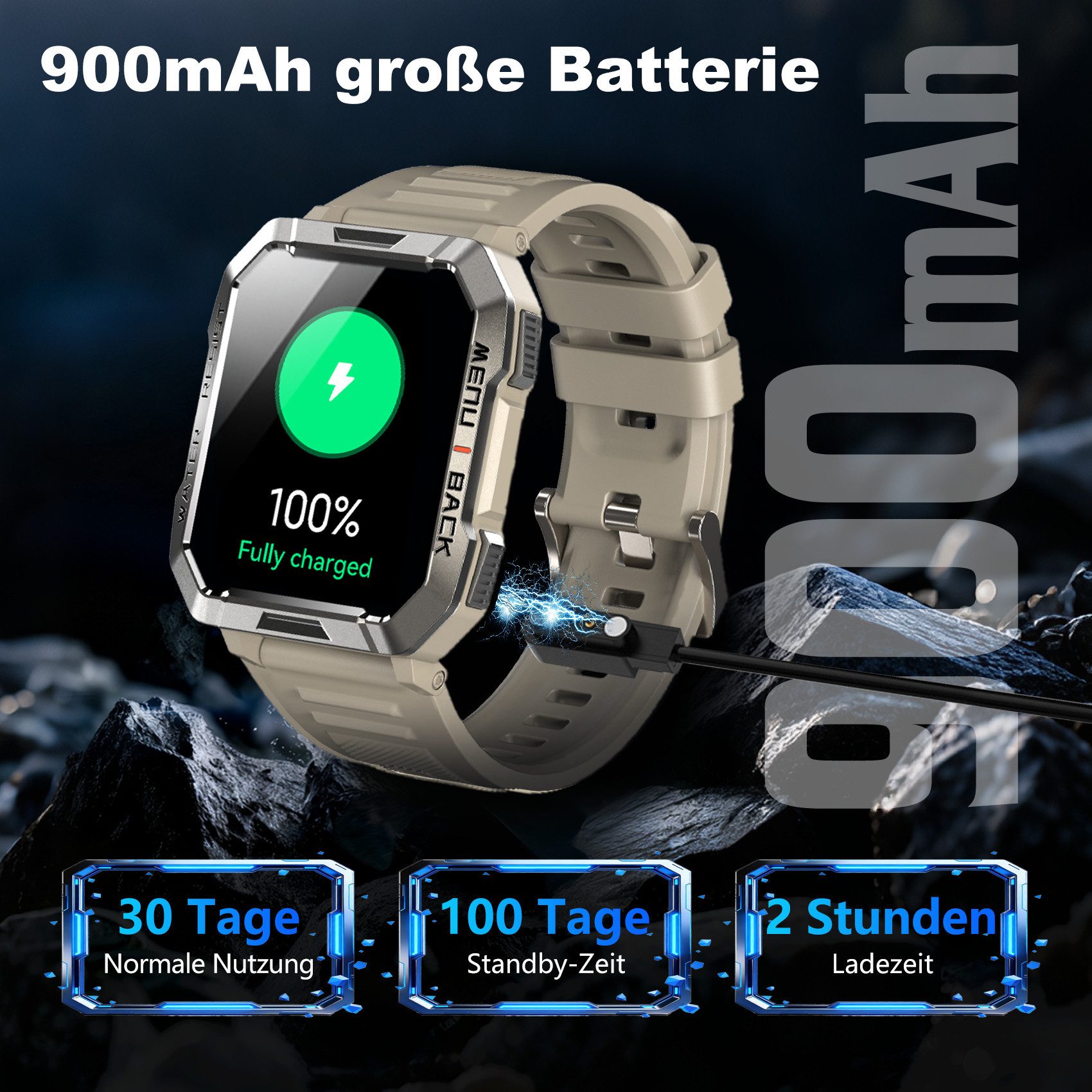 blackview 2026 900-mAh-Akku,Smartwatch Herren Militärqualität,100 Tage Standby Smartwatch (2.01 Zoll, iOS&Android) Packung, 2-tlg., 2 Armbänder / 3 Armbänder und Ladekabel, 2,01", LED Taschenlampe/Kompass/SOS,Schrittzähler, für Android und iOS