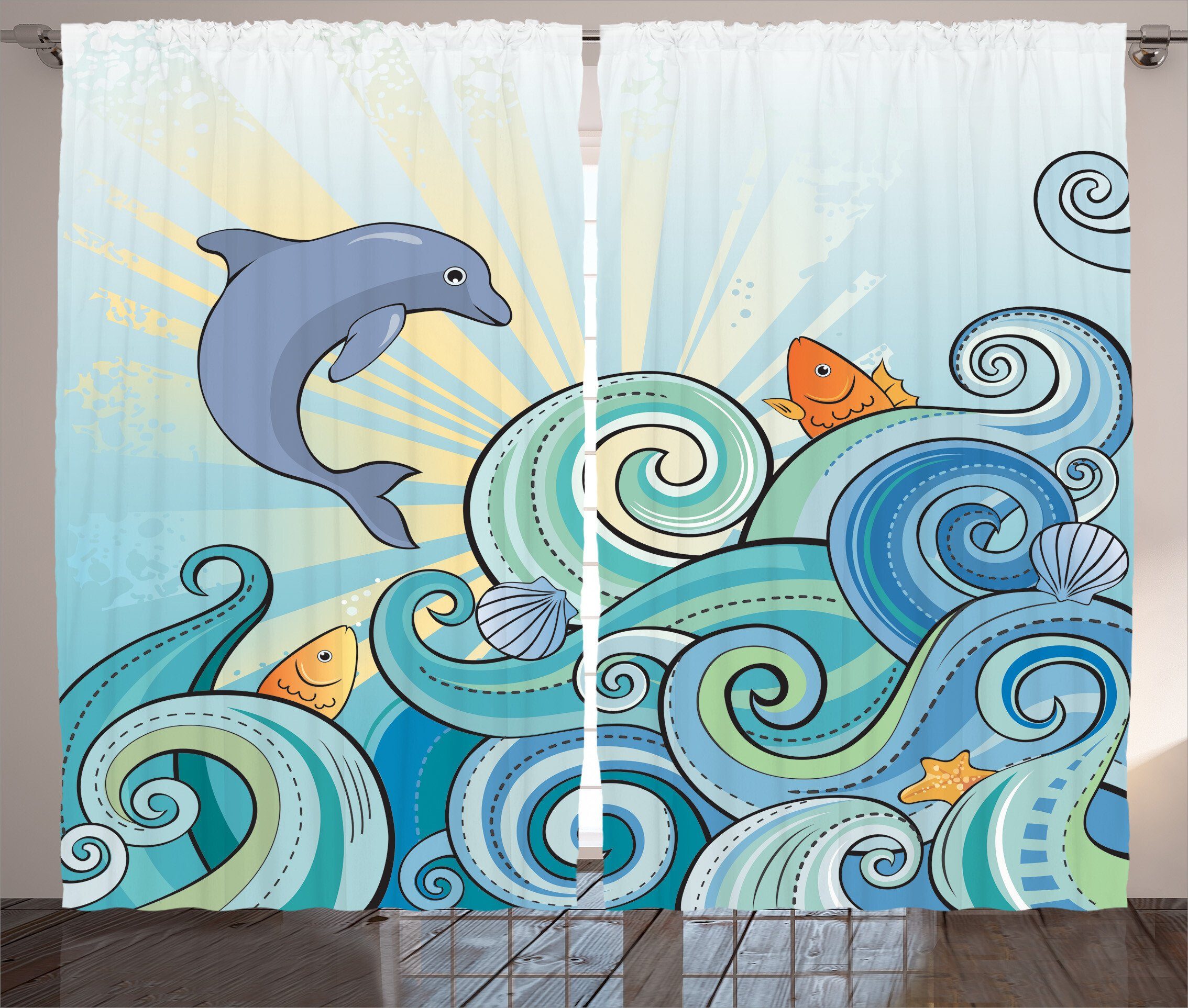 Gardine Schlafzimmer Kräuselband Vorhang mit Schlaufen und Haken, Abakuhaus, Kids Cartoon Delphin-Ozean