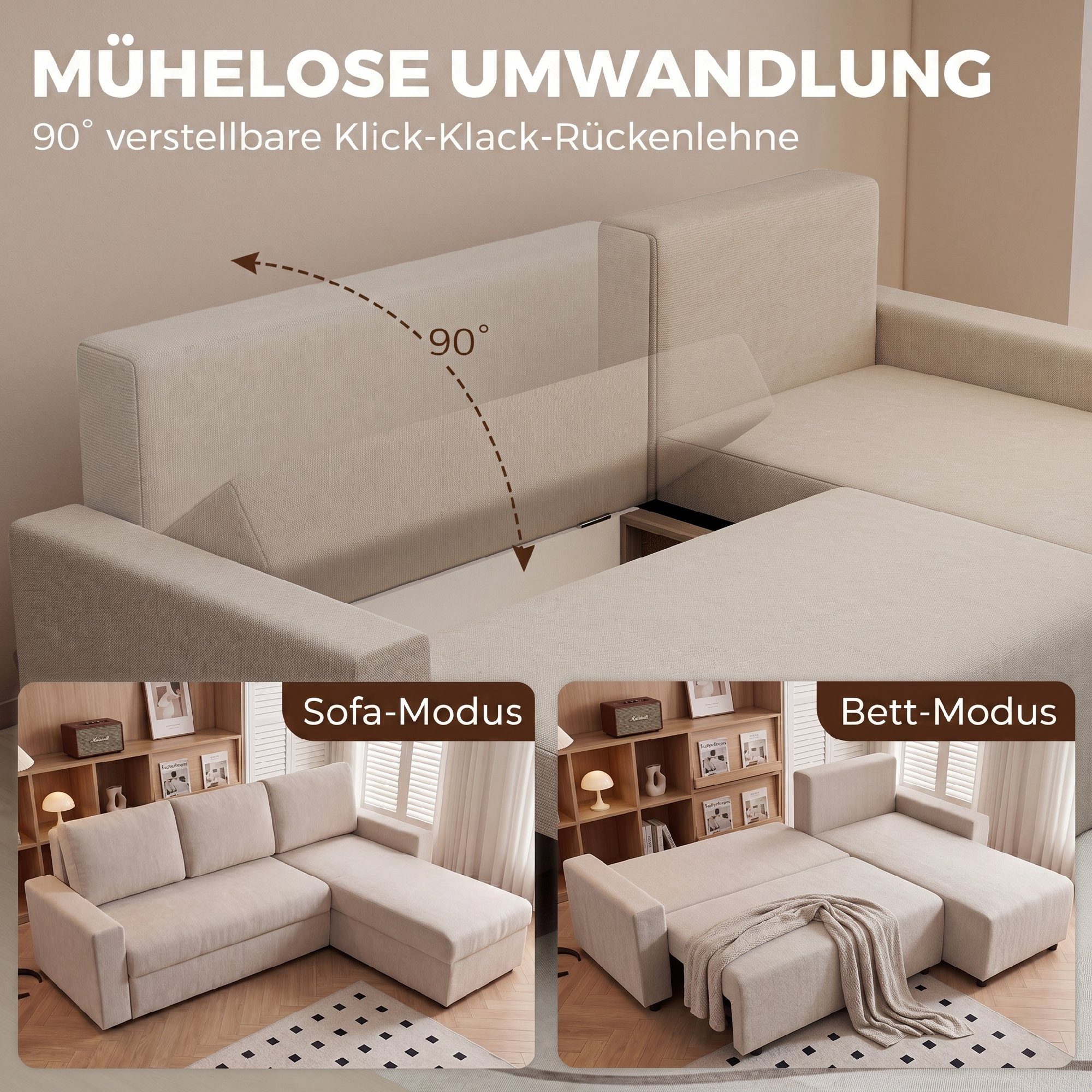 HOMCOM Schlafsofa L-Form 3-Sitzer Sofa aus Veloursbezug Schlafcouch, Beige, Eckcouch 1 Teile, Schlaffunktion, umkehrbare Ottomane, Stauraum – Bild 4 von 5