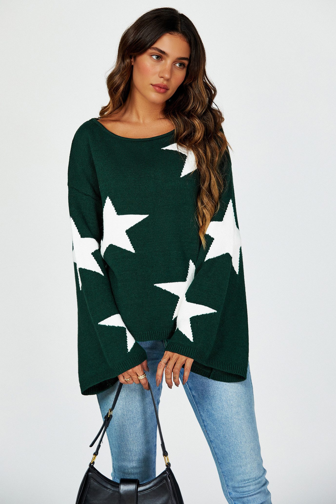 FS Collection Strickpullover Oversize Pullover mit weiten Ärmeln und Stern – Strickwaren (Einheitsgröße: UK 8–12 / EU 36–40, 5 Farben : Grau, Schwarz, Creme, Rot, Dunkelgrün) 100 % Acryl