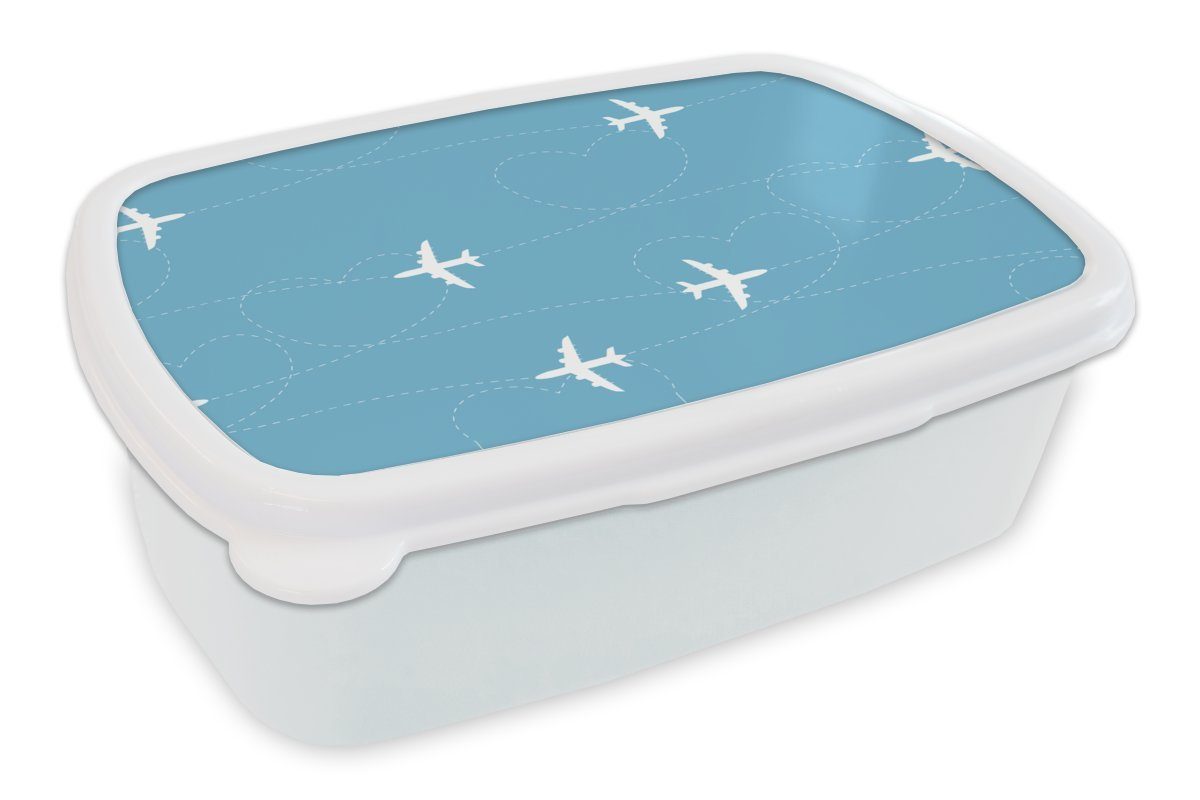 MuchoWow Lunchbox Flugzeug - Herz - Muster, Kunststoff, (2-tlg), Brotbox für Kinder und Erwachsene, Brotdose, für Jungs und Mädchen weiß