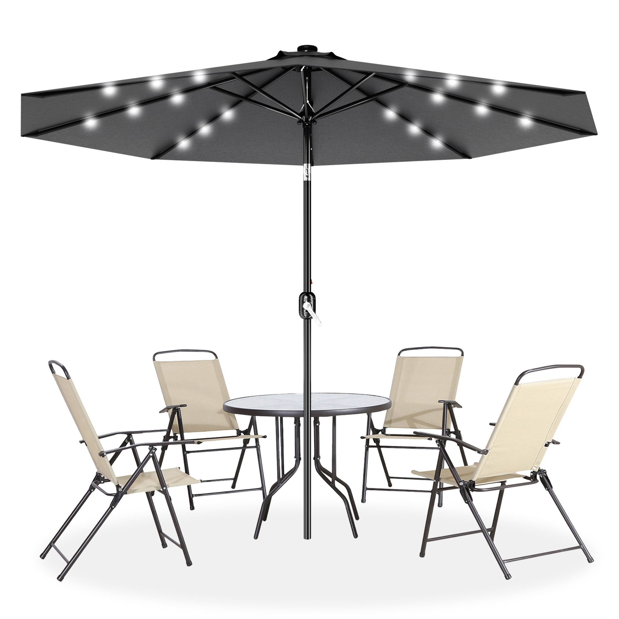 FIVMEN Sonnenschirm 300cm Solarbetriebene mit LED Sonnenschirm mit Kurbel Marktschirm, UV-Schutz Kurbelschirm für Garten & Terrasse