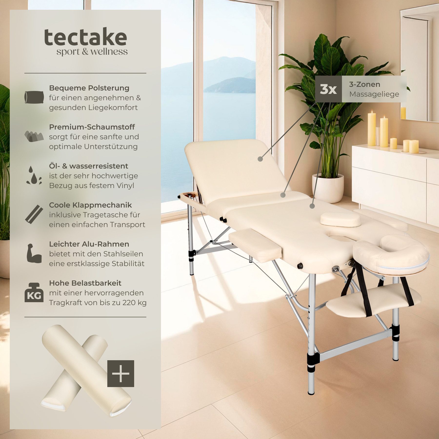 tectake Massageliege 3 Zonen Massageliege-Set (Set, 1-St., mit Tragetasche), Breite 60 cm, Polsterung 5 cm