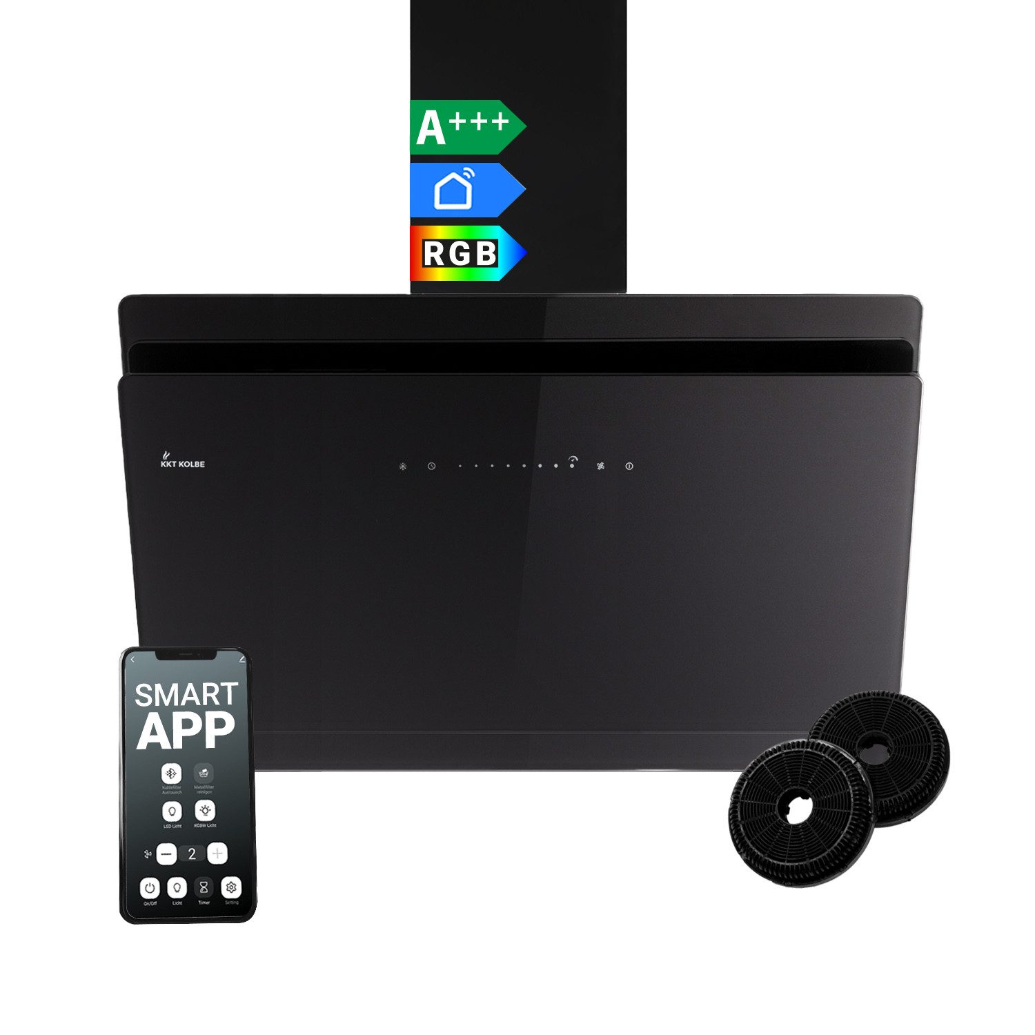 KKT KOLBE Wandhaube Dunstabzugshaube 90cm SOLO9005SM RGBW Ambientebeleuchtung Dunstabzugshaube 90cm SOLO9005SM RGBW Ambientebeleuchtung, Kopffrei / 90cm / Smarte WiFi-App / Schwarz / Glas / Schräghaube