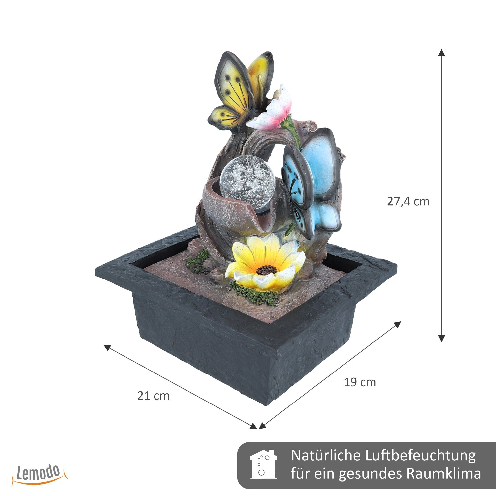 Zimmerbrunnen Pumpe Schmetterling und Motiv-Tischbrunnen mit Beleuchtung, NATIV LED-Beleuchtung