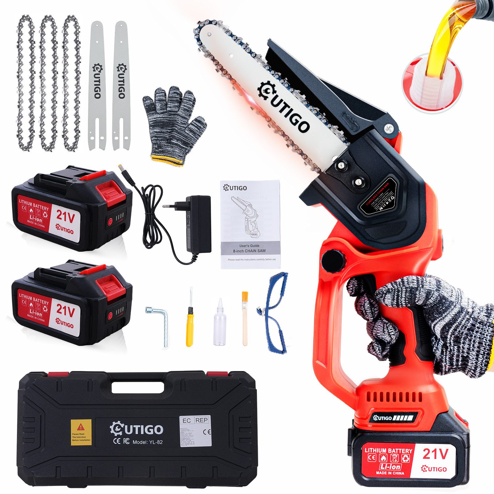 OUTIGO Akku-Kettensäge Akku Kettensäge 8 Zoll, 1000W, 2 Akkus je 3Ah, 3 Führungsstange, 4 Sägekette, Bürstenlosen Motor