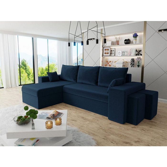 Mirjan24 Ecksofa Kansas Lux mit Bettkasten Schlaffunktion und 2 Polsterhocker Polsterecke L-Form Couch für Wohnzimmer