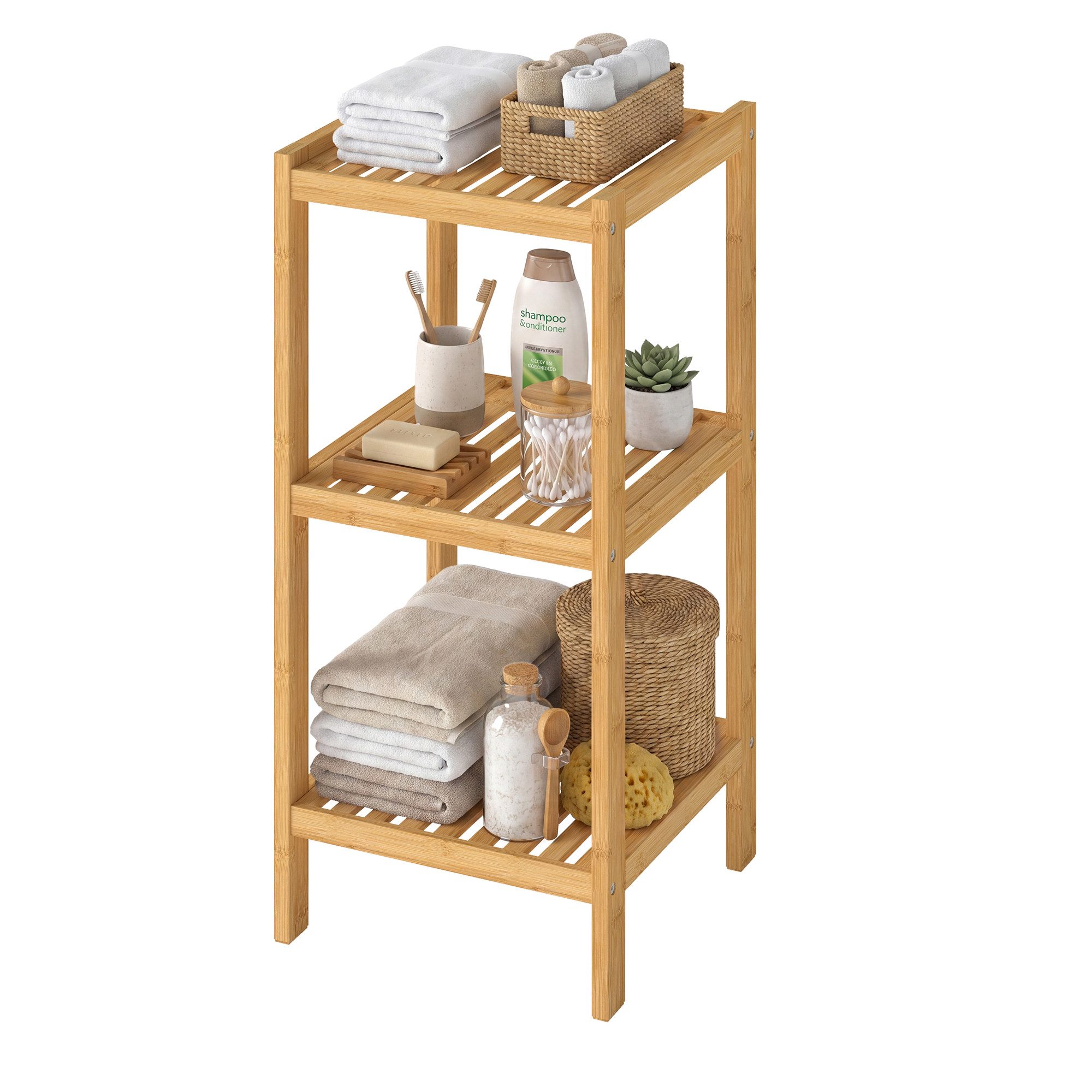 SONGMICS Badregal Badezimmerregal, 33 x 33 x 79.5 cm, aus Bambus, für Bad, Wohnzimmer, Küchenregal