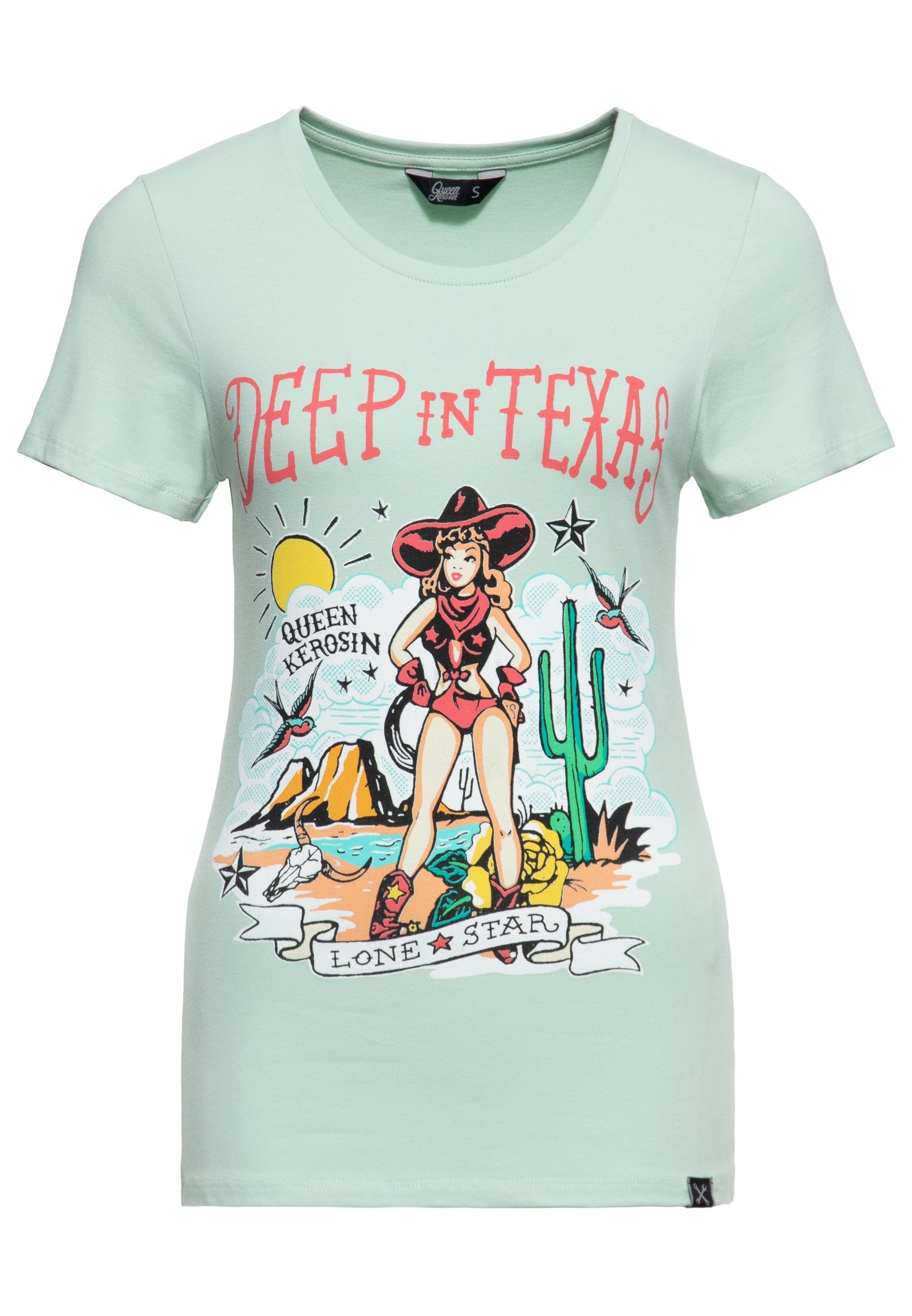 QueenKerosin Print-Shirt Deep in Texas (1-tlg) mit Retro Front Print mint | T-Shirts