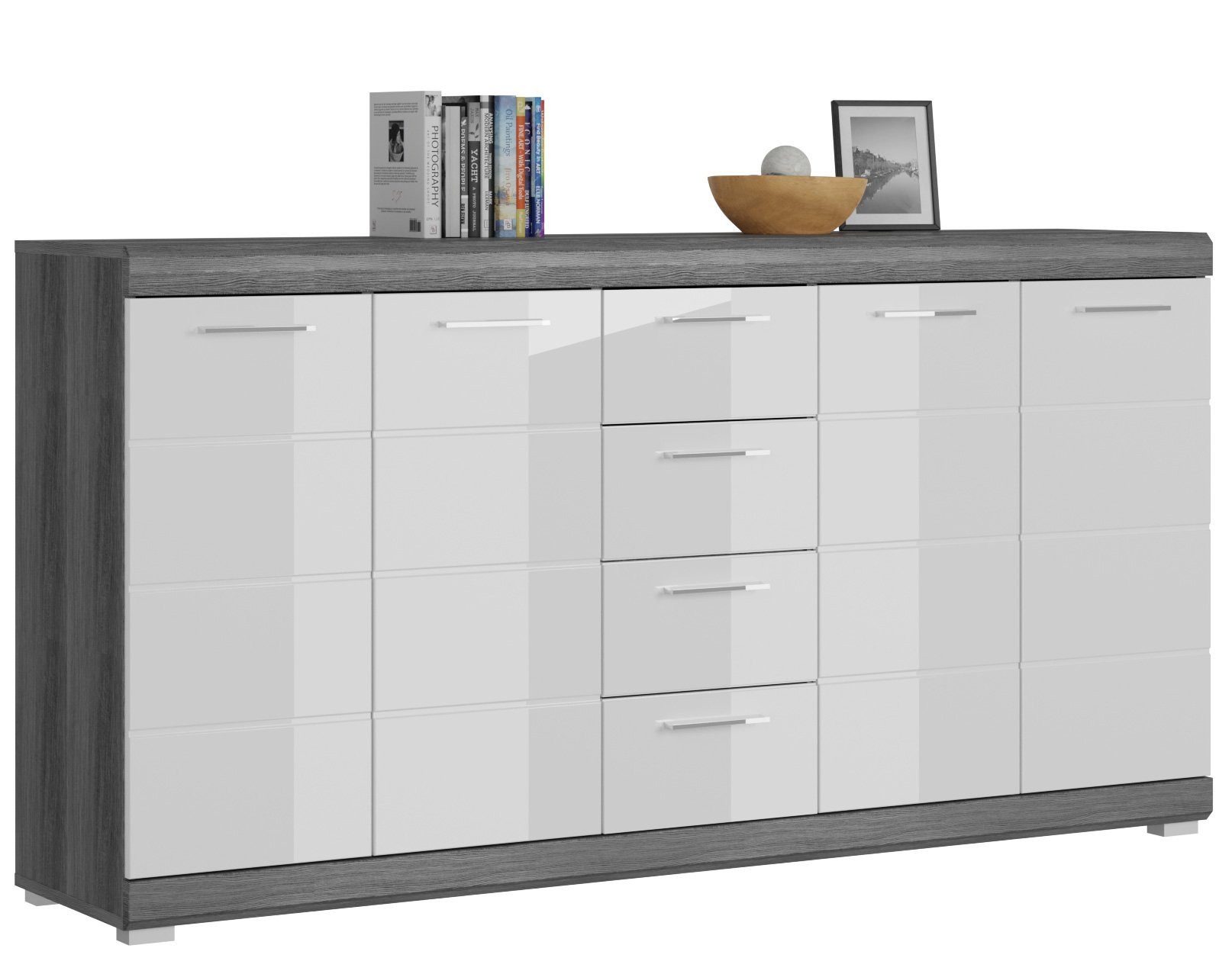 Newroom Kommode Hunter, Kommode Weiß Hochglanz Rauchsilber Sideboard Highboard Modern Zeit...
