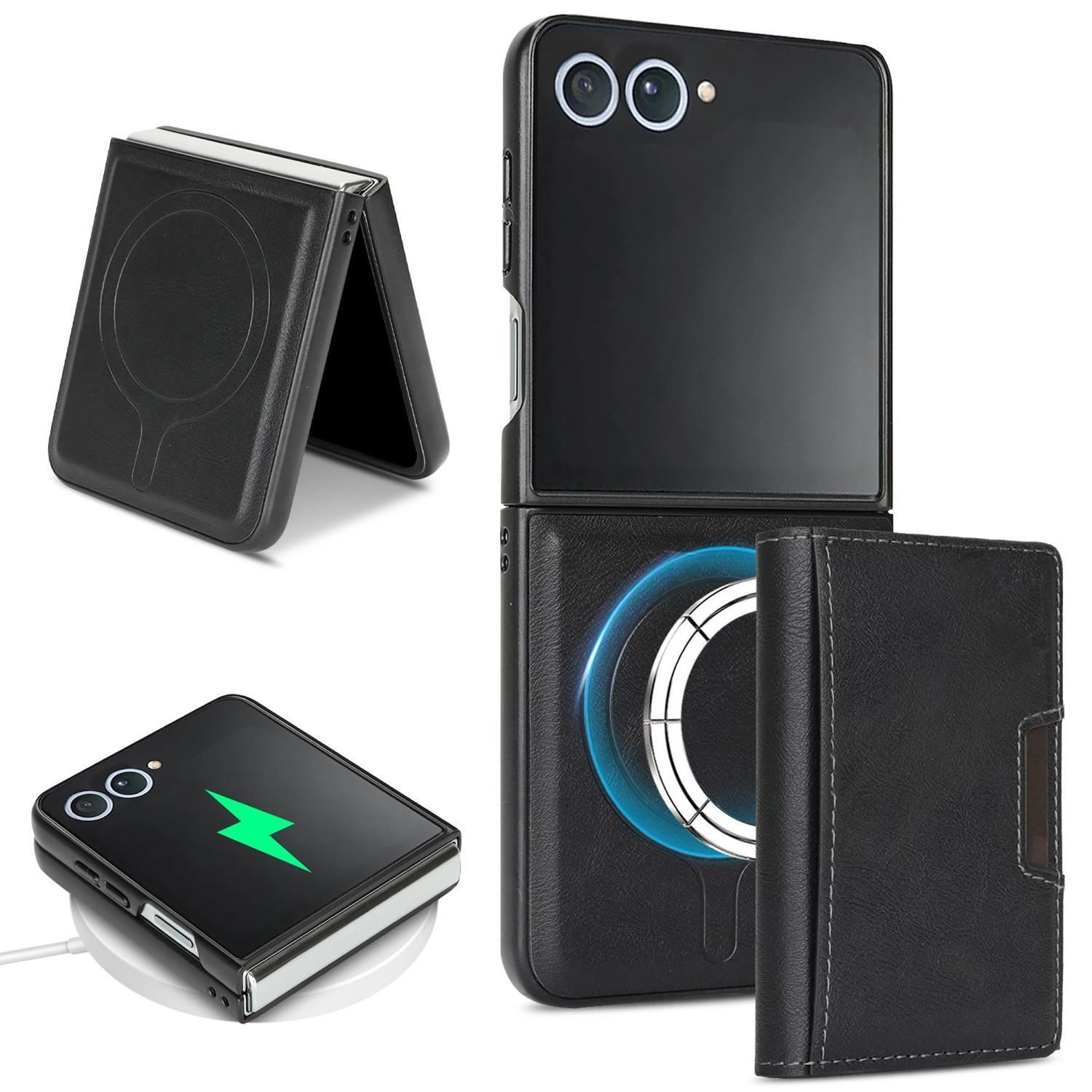 Wigento Handyhülle Für Samsung Galaxy Z Flip7 5G MagSafe Magnetische Kunstleder Hülle, MagSafe Hülle mit Kartenfach und Ständerfunktion