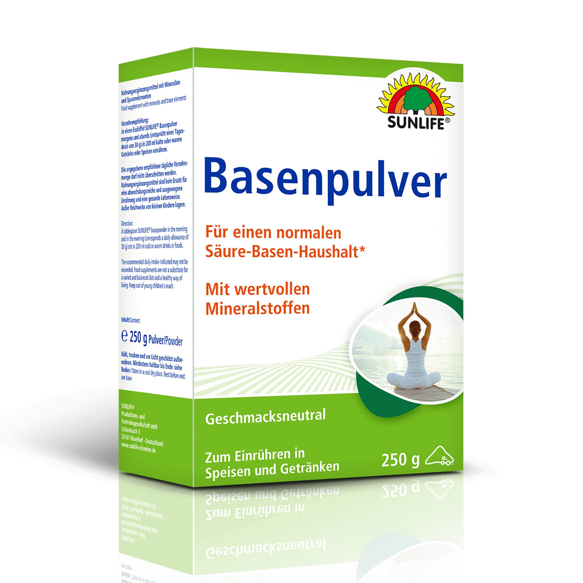 SUNLIFE SUNLIFE® Basenpulver 250g Säure-Basen-Haushalt Übersäuerung Mineralien Je einen Esslöffel morgens und abends in 200 ml kalte oder warme Getränke oder Speisen einrühren