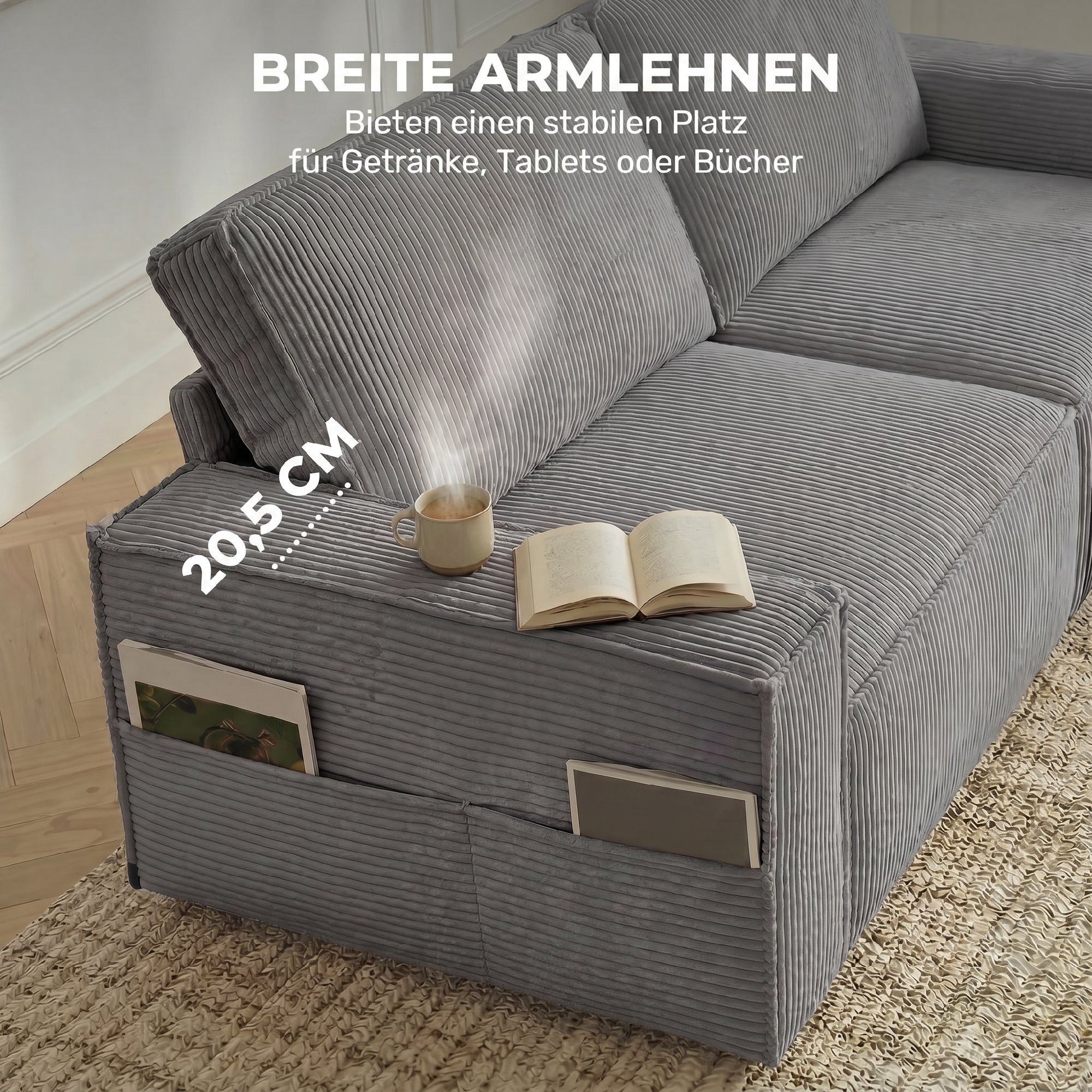 HOMCOM Sofa 2 Kissen Loungesofa, Bequemes Loungesofa 3 Teile, Cordstoff, Taschenfederkern, breite Armlehnen – Bild 5 von 5