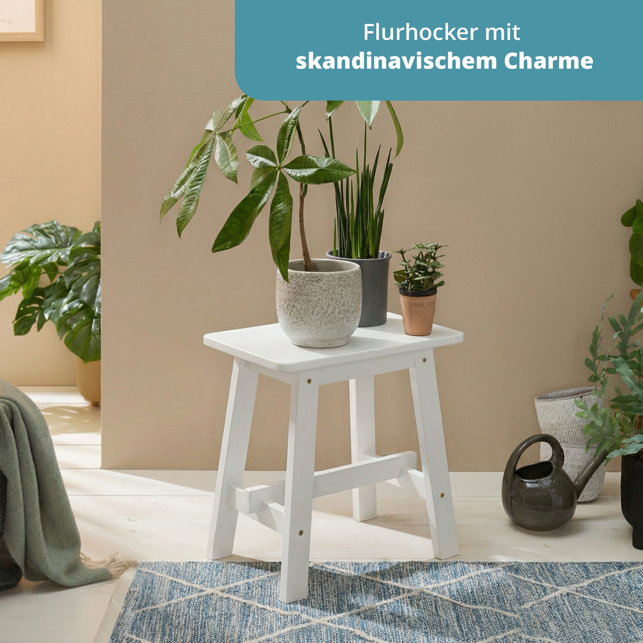 KHG Hocker Dekohocker Weiß für eine Person, Skandi Look, bis 200 kg belastbar, lackiert, pflegeleicht, Massivholzgestell – Bild 5 von 5