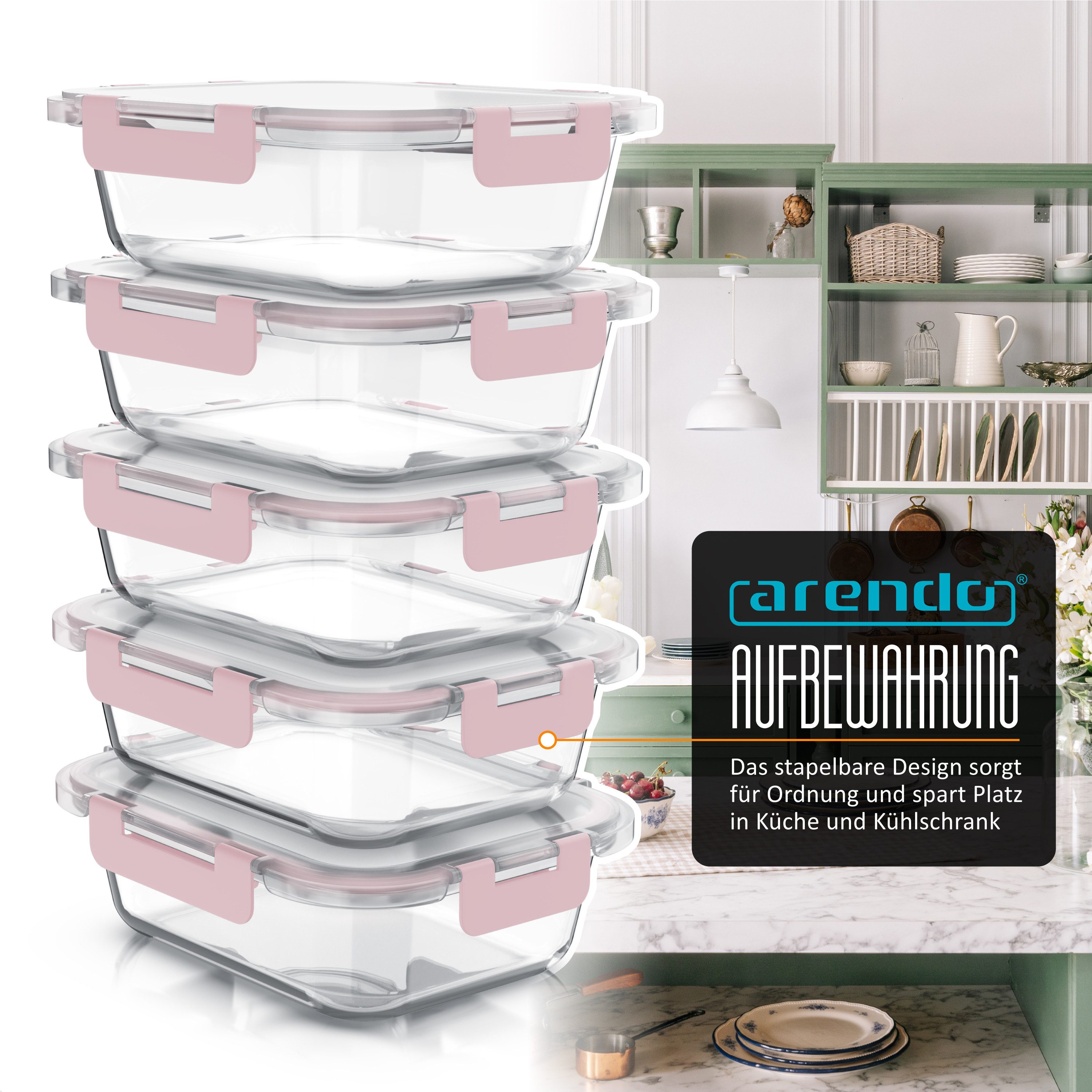 Arendo Frischhaltedose mit Deckel 5er Set, Vorratsdosen, Glas-Lunchboxen, auslaufsicher, Borosilikatglas, Kunststoff, (Set, 5-tlg., 5 x 1050 ml, rechteckig), Mi – Bild 3 von 5