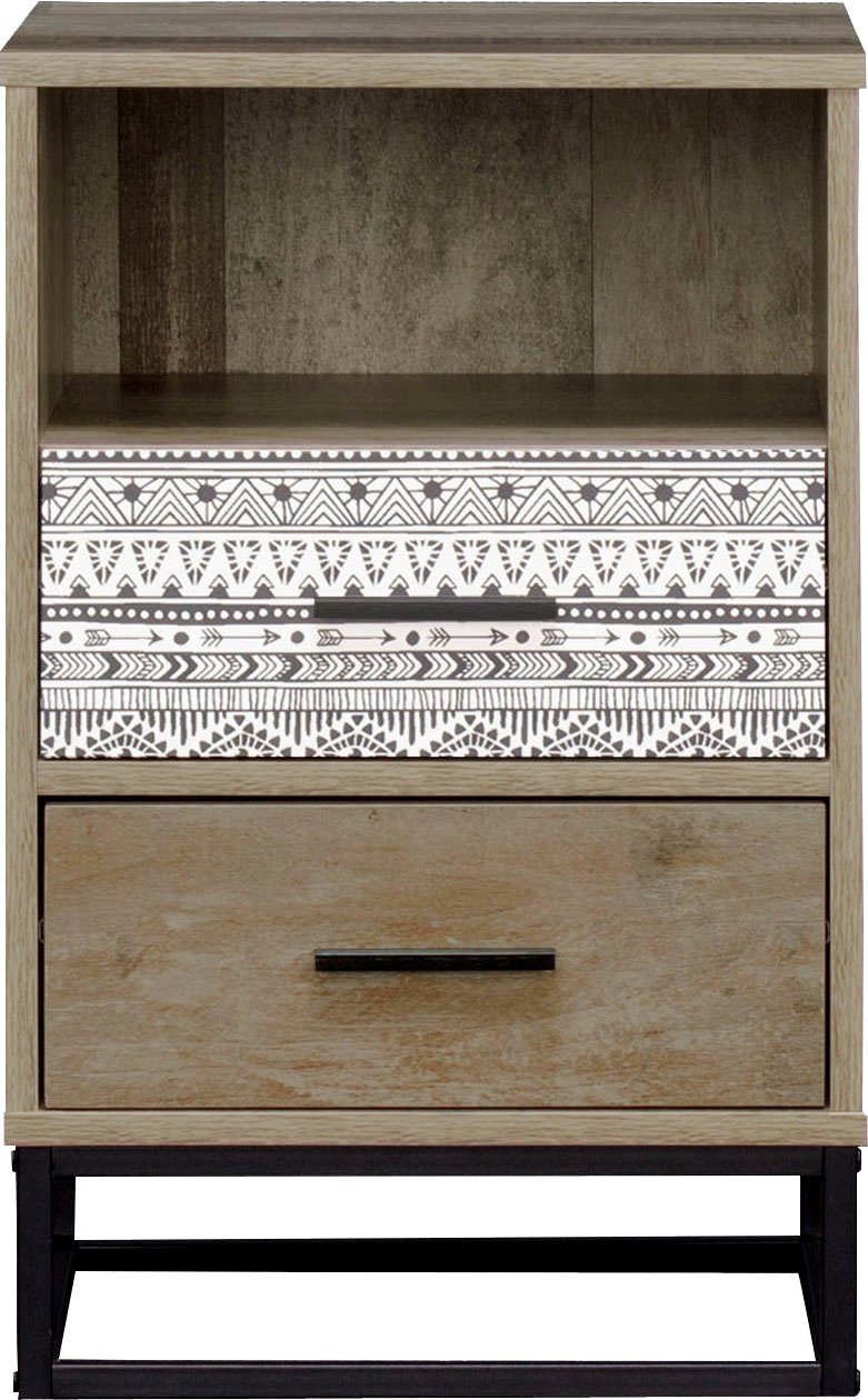 SIT Nachtkommode Mailbox mit 2 Schubladen und offenem Fach, Dekorative graue Musterfront im modernen Skandi-Stil