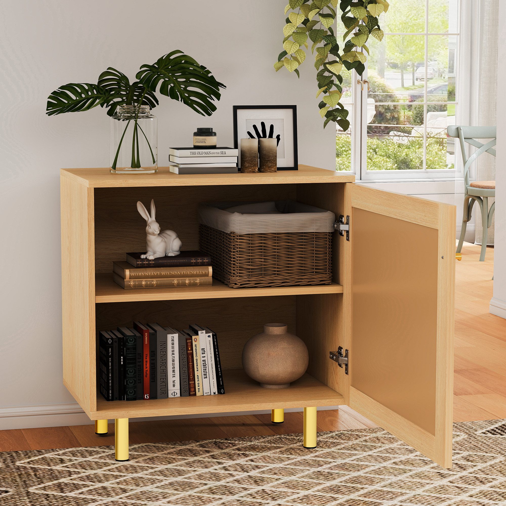 REDOM Sideboard Ein Türiger Aufbewahrungsschrank aus Korbgeflecht –Rustikales Anrichte (Küchenschrank, H63/B60/T40 cm)