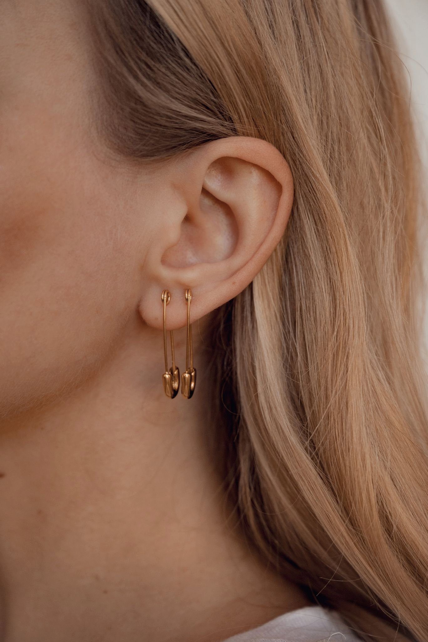Hey Happiness Paar Ohrhänger Sicherheitsnadel Ohrringe Damen, 18K Roségold Vergoldet, Safety Pin Ohrstecker Edelstahl hängend, wasserfest – Bild 2 von 5