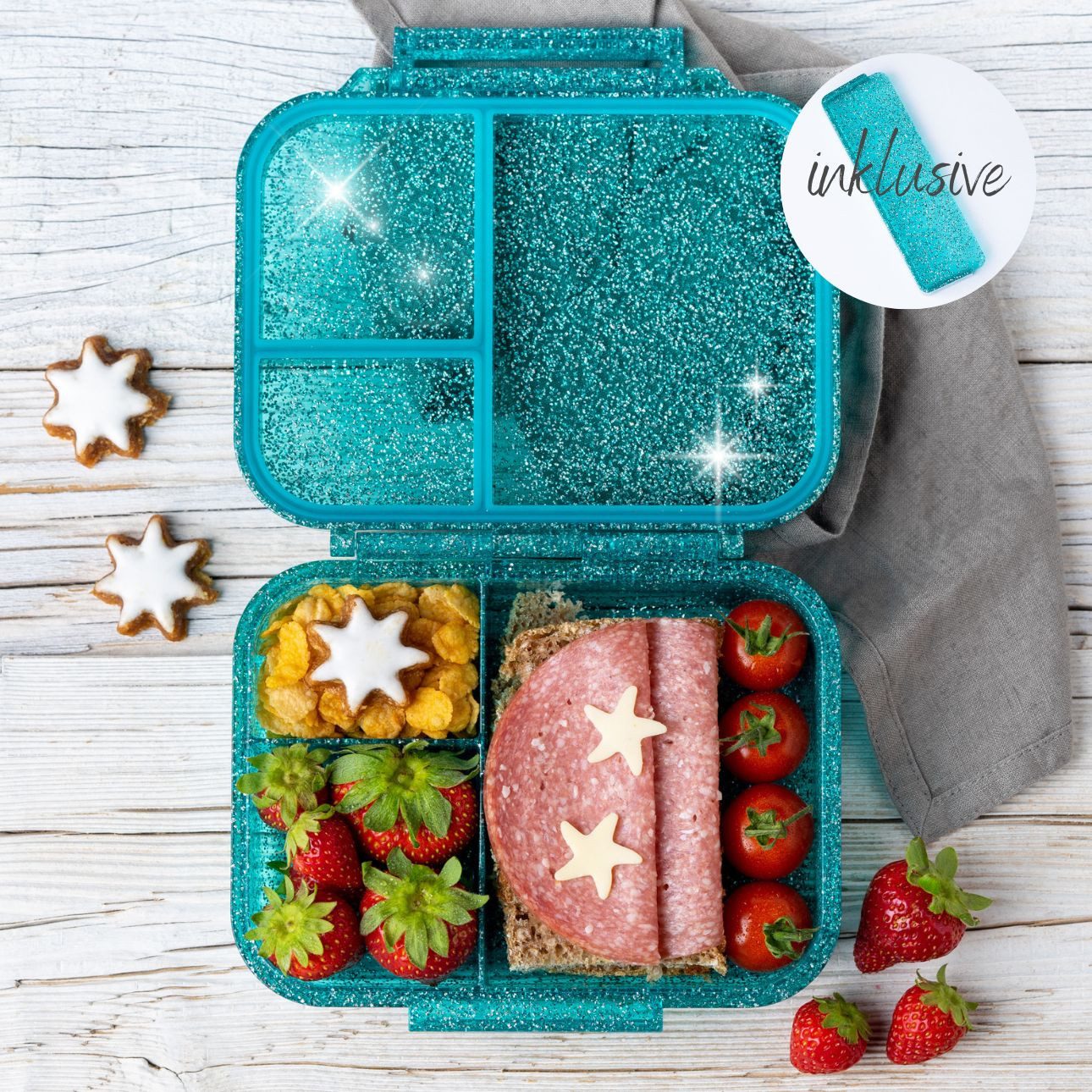 LEKKABOX Lunchbox Mini Glitzer Brotdose, 3 Fächer - Kinder Bento Box Vesperdose Brotbox, Für feuchte Lebensmittel auslaufsichere Bento Box, inkl. extra Trenner