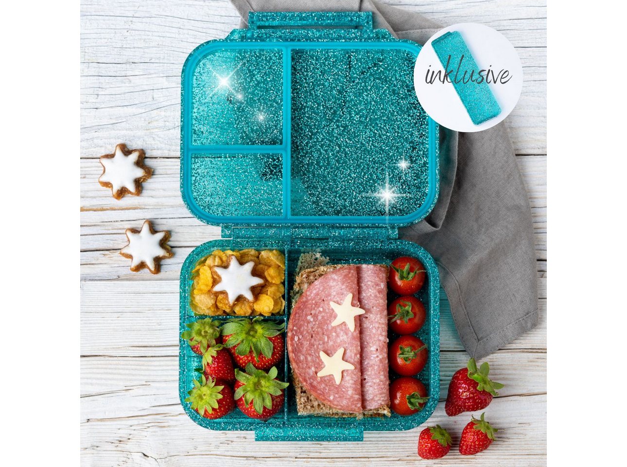 LEKKABOX Lunchbox Mini Glitzer Brotdose, 3 Fächer - Kinder Bento Box Vesperdose Brotbox, Für feuchte Lebensmittel auslaufsichere Bento Box, inkl. extra Trenner