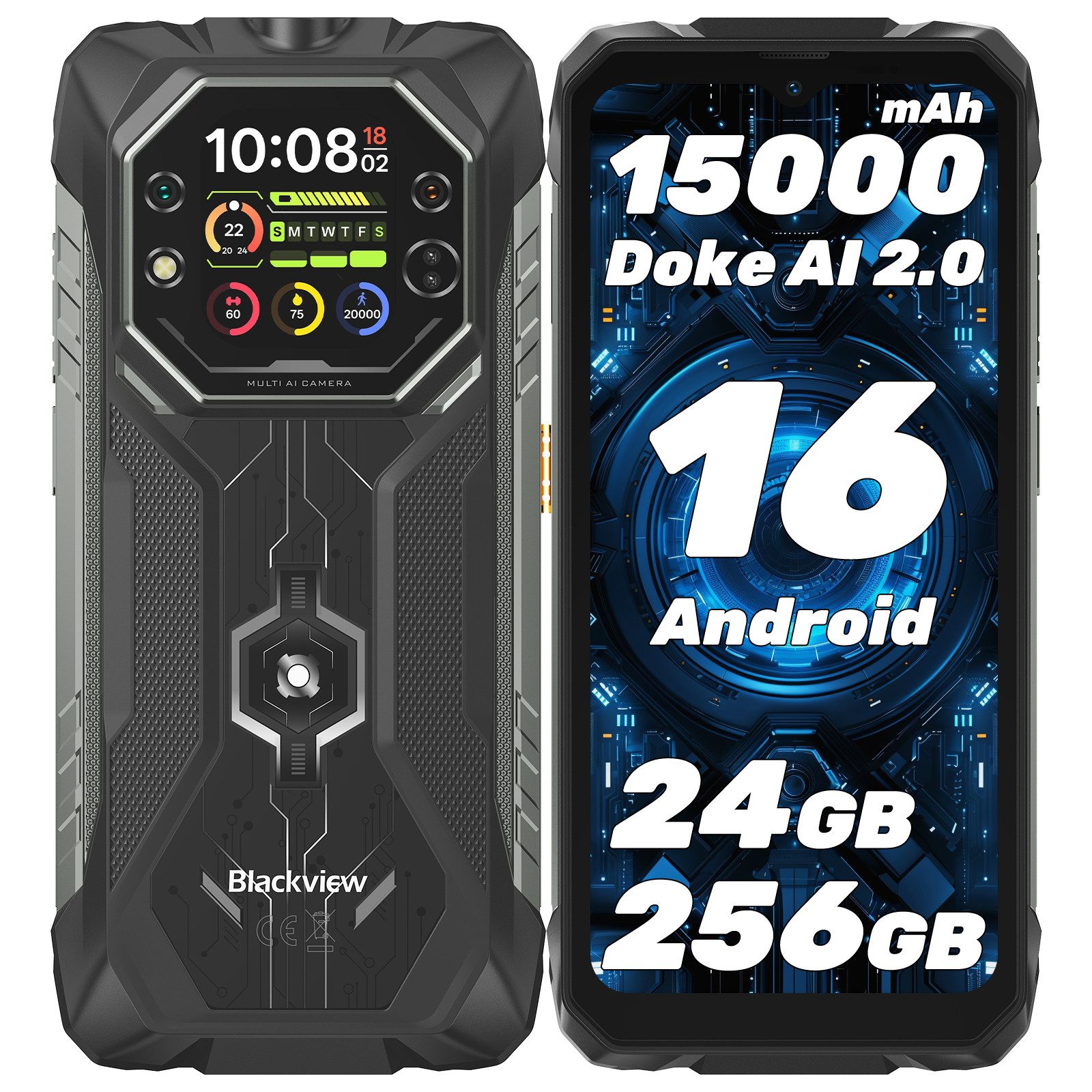 blackview Blackview ROCK 1:Militärisches Outdoor-Smartphone mit Dual-Display Smartphone (16,66 cm, 256 GB Speicherplatz, 16 MP + 20 MP MP Kamera, Android 16, 6,56"+2.01", 256GB, 16MP+20MP Nachtsicht, 33W)