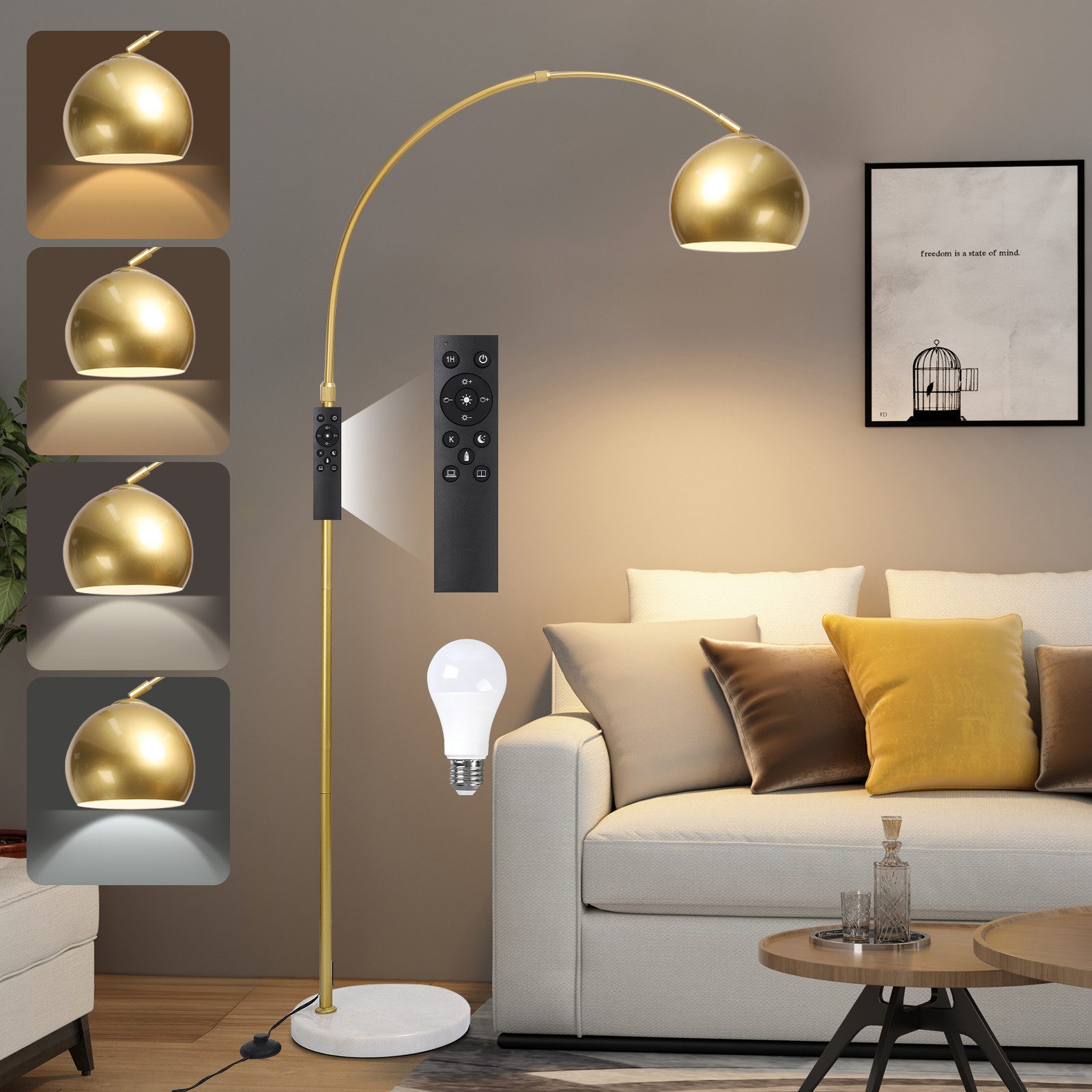 Jibenhome Stehlampe Wohnzimmer Dimmbar Gold, 3 Lichtmodi, Höhenverstellbare, Fußschalter, Speicherfunktion, Timer, Bogenlampe, Mit LED-Glühbirne