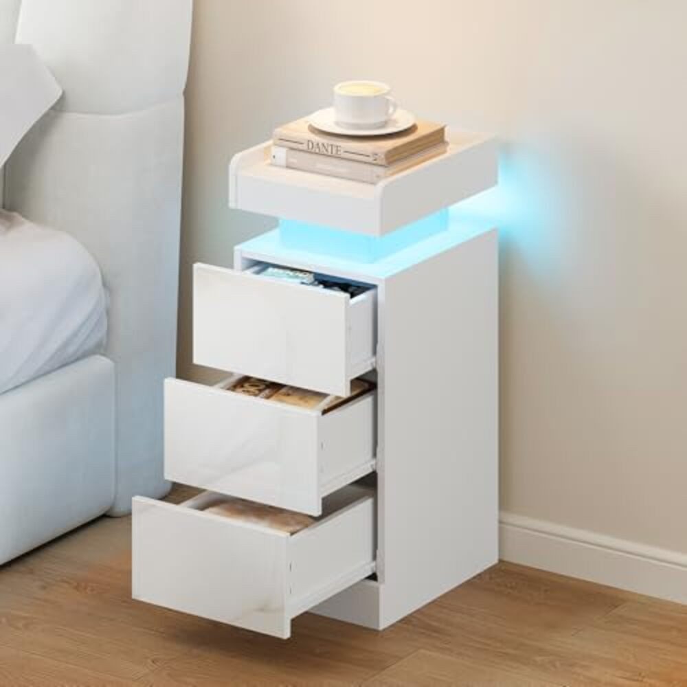 Dripex Nachttisch Nachttisch schmal 3 Schubladen, RGB LED, Beistelltisch Schwarz (1-St), Aus hochwertigen Spanplatten und MDF-Platten gefertigt