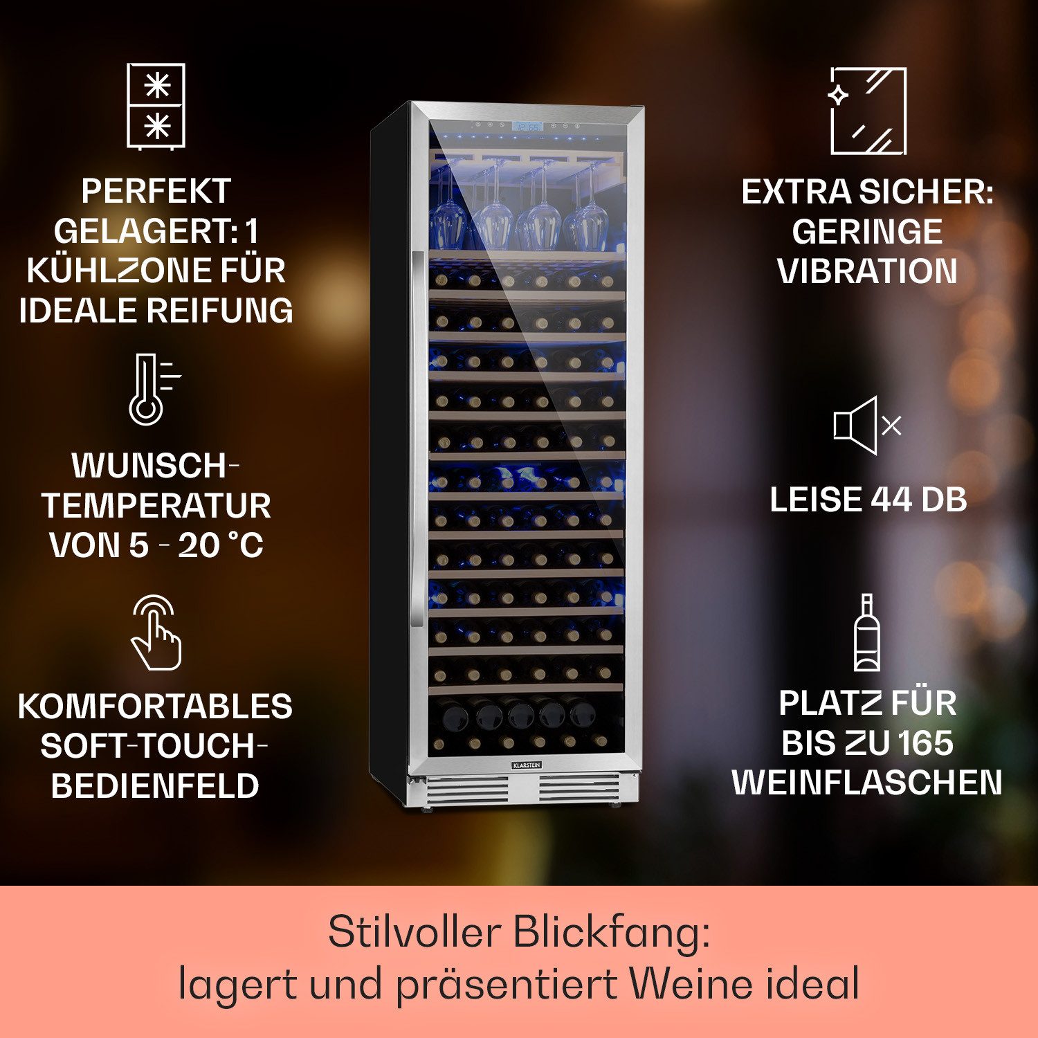Klarstein Weinkühlschrank Vinovilla Grande 165 Built-in Uno, für 165 Standardflaschen á 0,75l,Wein Flaschenkühlschrank Weintemperierschrank Weinschrank Kühlschrank