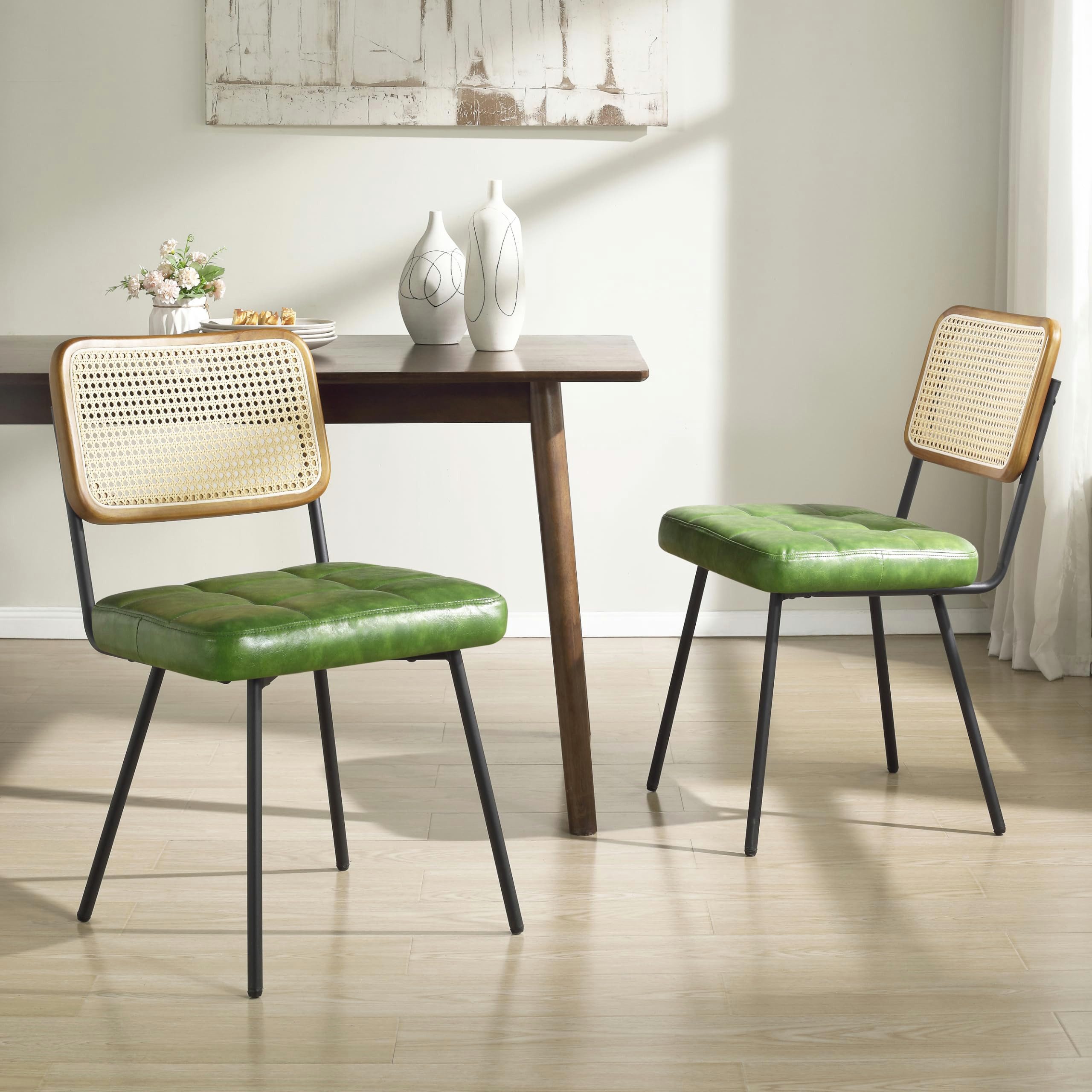 Art Leon Esszimmerstuhl CC061 (Rattan Esszimmerstühle 2er Set Mid Century Moderne Esszimmerstühle Farbe in Grün/Beige/Gelbbraun), Rattan Cane Küchenstuhl mit schwarzen pulverbeschichteten Metallbeinen