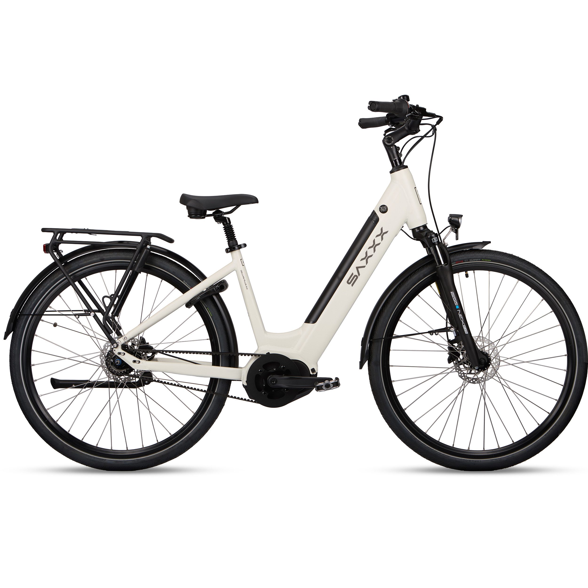 SAXXX E-Bike Damen 28 Zoll Herren, Riemenantrieb, Cityrad, Drehmomentsensor, Federsattelstütze, 7 Gang Shimano Nexus SG-C3001-7D Schaltwerk, Nabenschaltung, Mittelmotor, 468 Wh, (LCD-Farbdisplay, 5 Stufen, Alu-Tiefeinsteiger, hydr. Scheibenbremsen), bis 100km, Synchronriemenantrieb, Elektrofahrrad, 95 % vormontiert