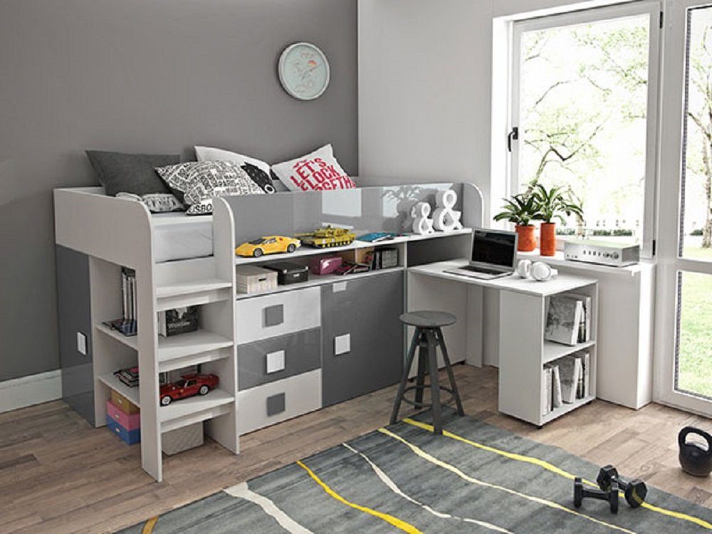 Feldmann-Wohnen Hochbett TOLEDO 2 weiß / grau Hochglanz Schreibtisch wählbar / grau Farbe + - weiß Schränke) (Etagenbett Griffe mit 1