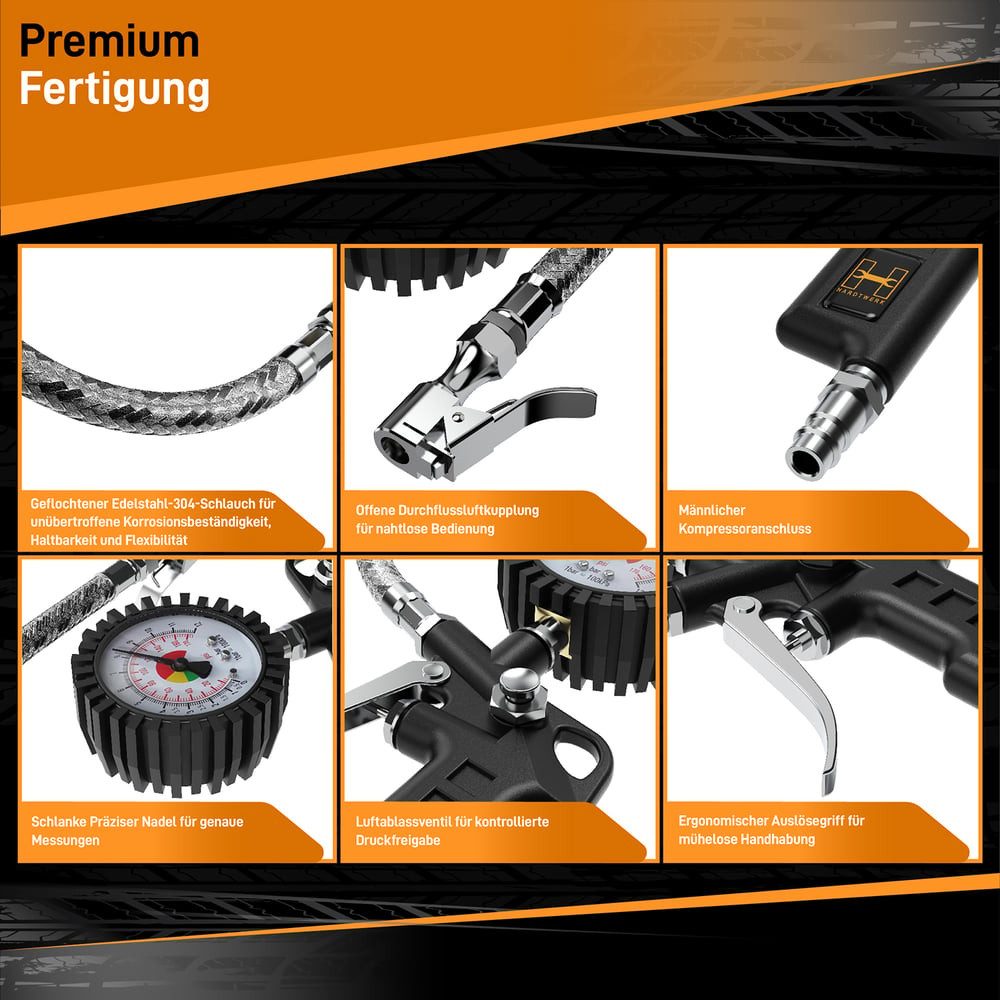 Hardtwerk® Tire Inflator Gauge, 360° Rotatable, One-Hand Operation, for Cars, Trucks, Motorcycles, Bicycles, Optimal Tire Pressure Measurement, 2 Units