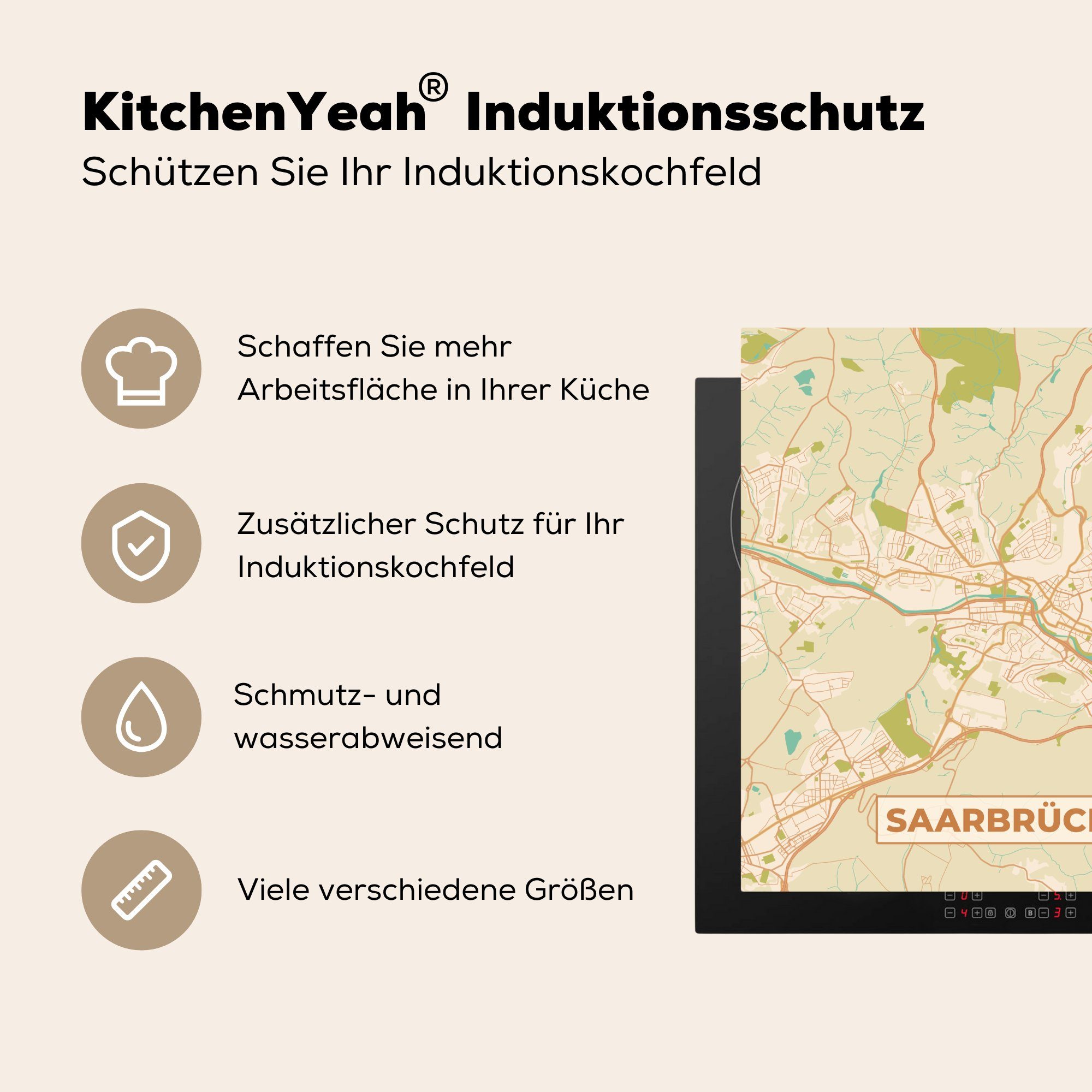 Arbeitsplatte Vinyl, Stadtplan, Ceranfeldabdeckung, Saarbrücken tlg), Karte - Herdblende-/Abdeckplatte 78x78 MuchoWow Vintage (1 - cm, für küche -