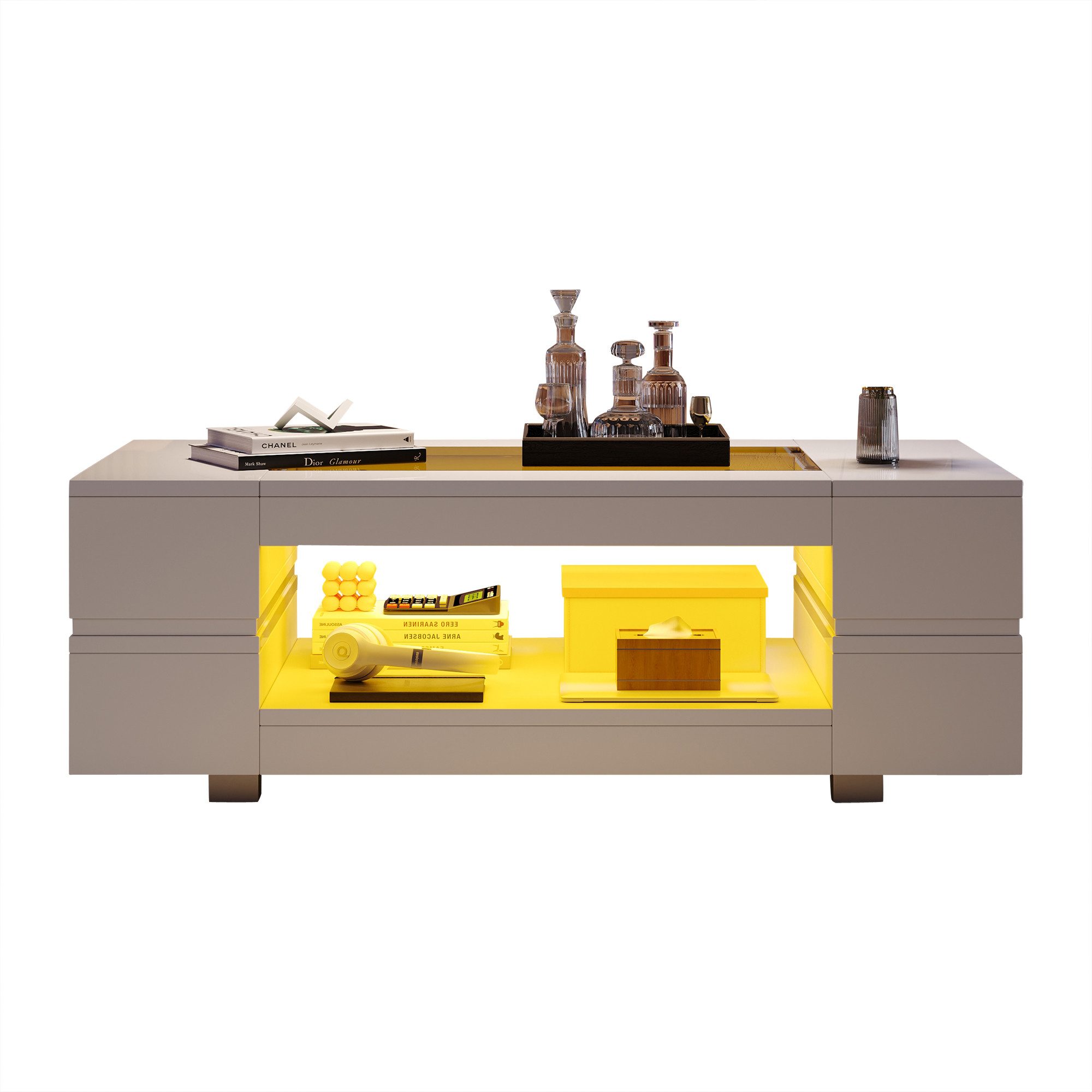 OKWISH Couchtisch Hochglanz-Hohldesigntisch (Wohnzimmertisch, Beistelltisch, Satztisch, 1-St., doppelschichtiger), mit Bluetooth-App-Steuerung