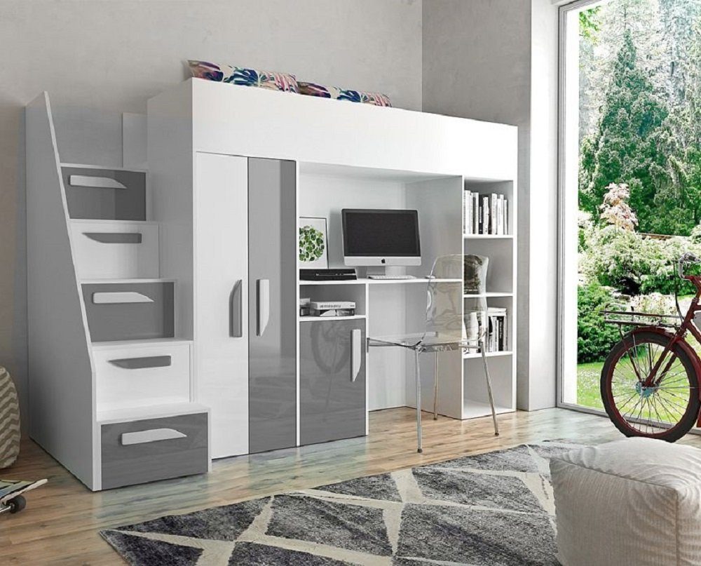 QMM TraumMöbel Hochbett PARIS 4 mit Schreibtisch Schrank Regal und Treppe Hochglanz (mit Treppe, Schrank, Schreibtisch & Regal)