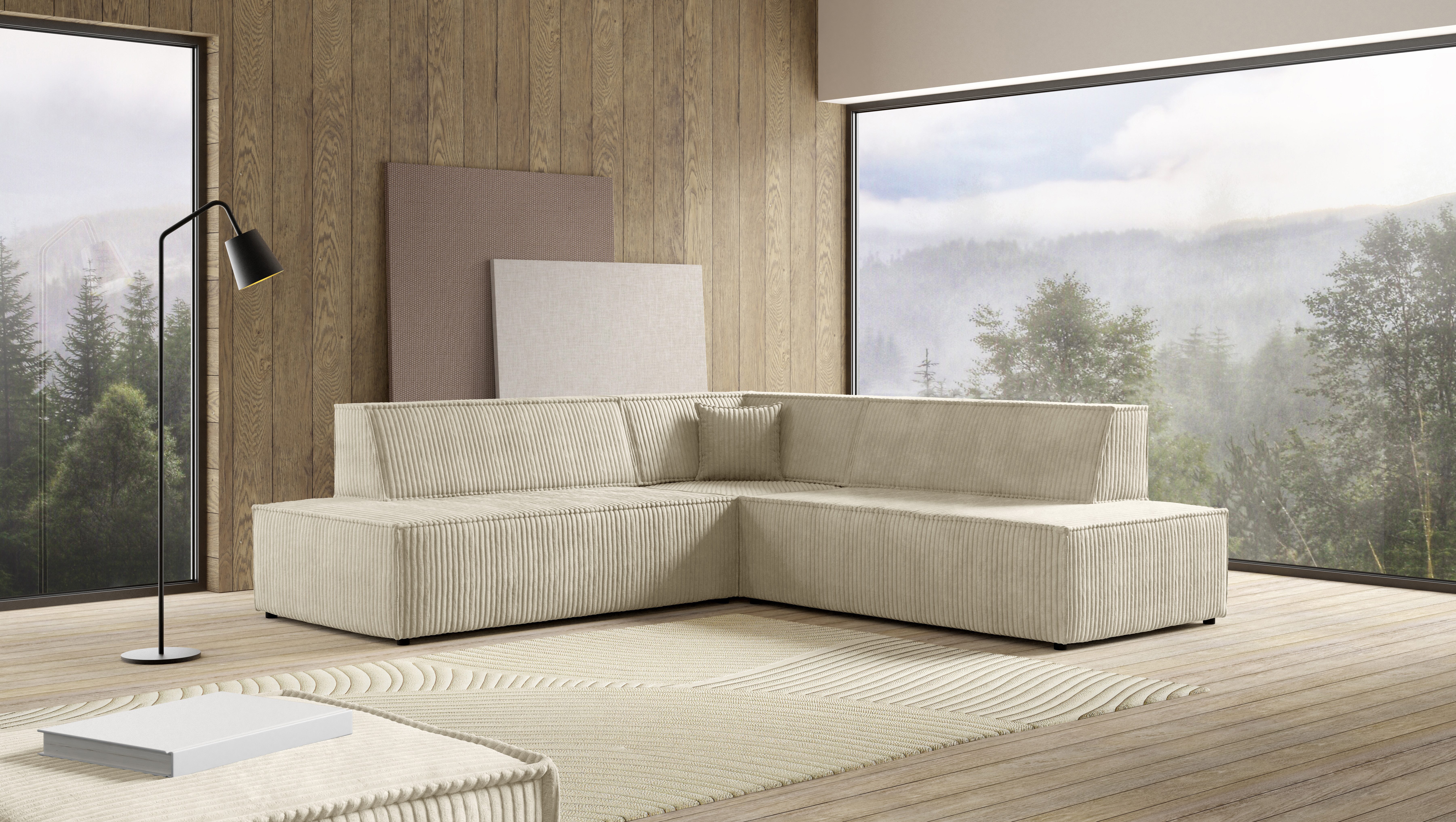 yourhouse24 Ecksofa Tilia II, Cord-Stoff mit Keder, inkl. Schlaffunktion & Bettkasten
