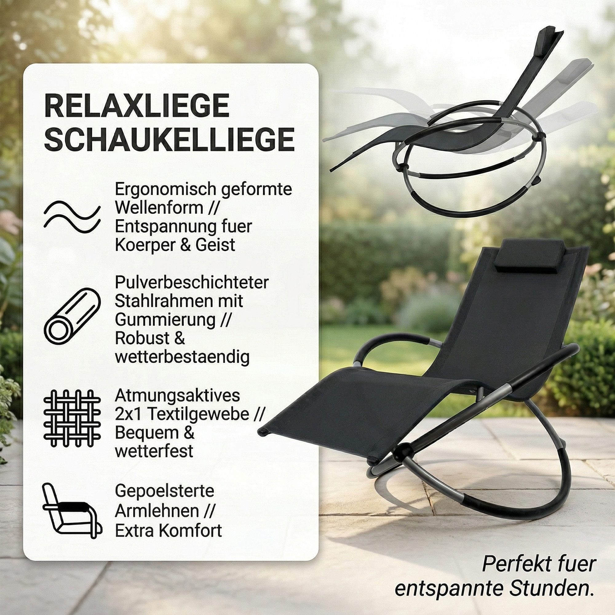 Mucola Relaxliege Schaukelliege Sonnenliege Liegestuhl 200kg belastbare XXL Relaxliege, Stück, bis 200 Kg belastbar