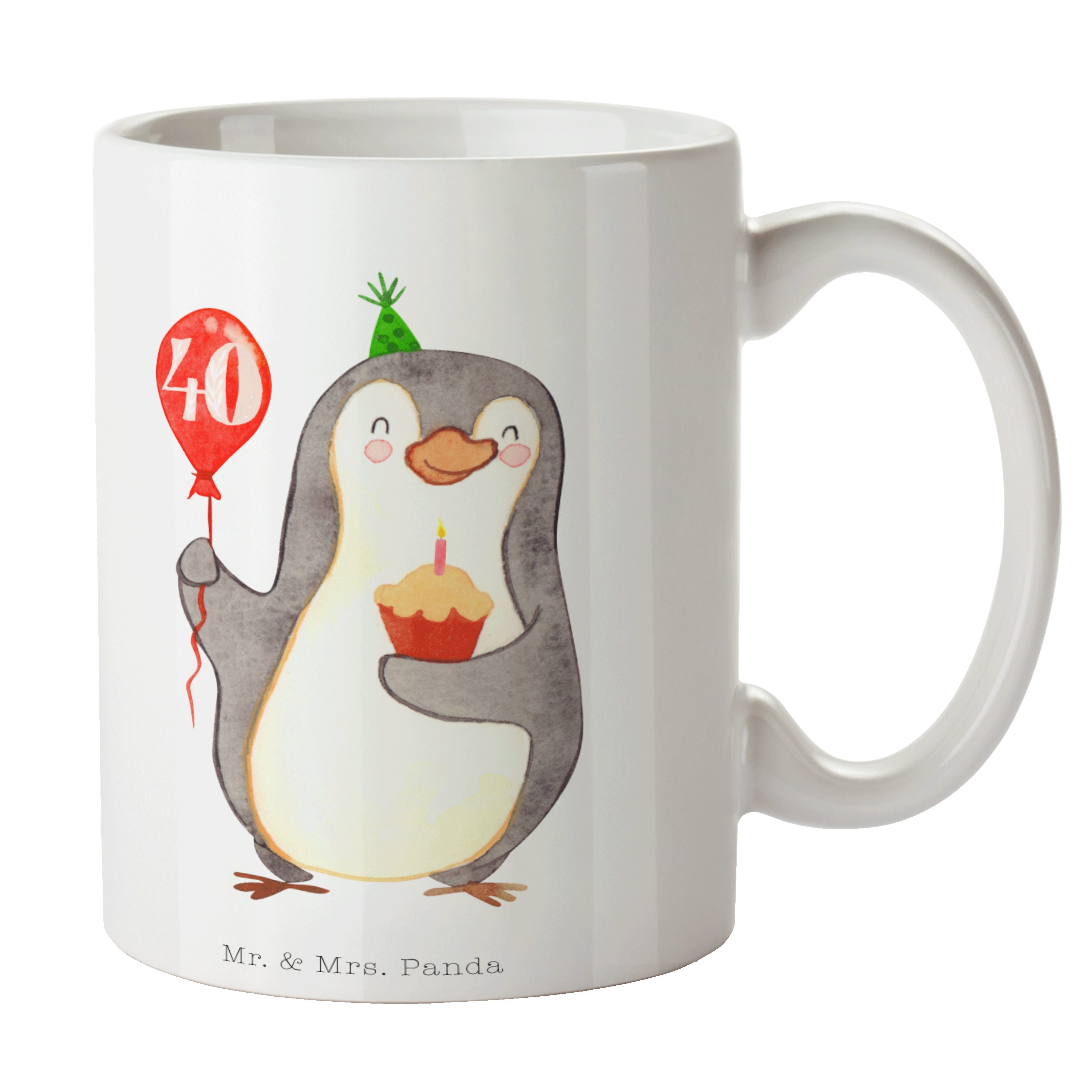 Mr. & Mrs. Panda Tasse 40. Geburtstag Pinguin Luftballon - Weiß - Geschenk, Kaffeebecher, Bü, Keramik