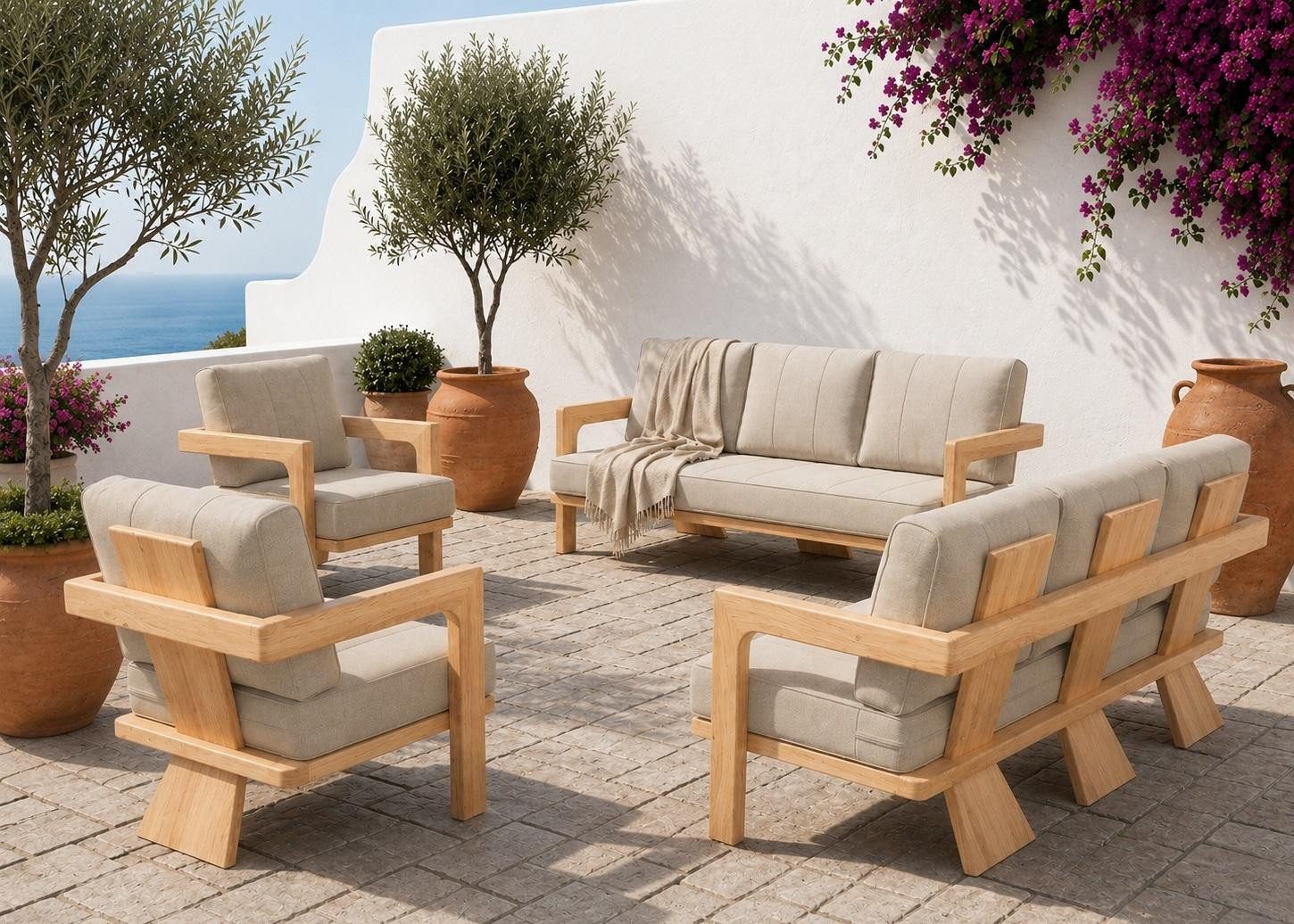 JVmoebel Gartenlounge-Set Gartenlounge Set 3-Sitzer Sofa Sessel Beige Kissen Modern Komfort Neu, (4-tlg., 4-tlg)