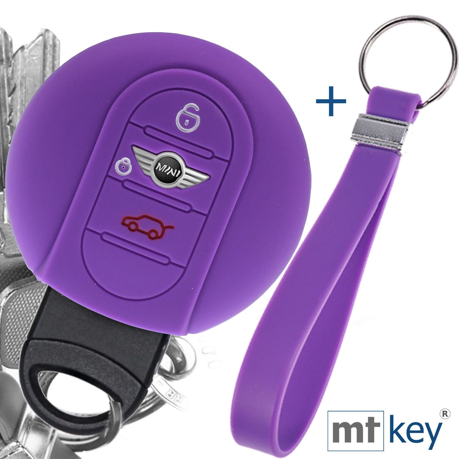 mt-key Schlüsseltasche Autoschlüssel Softcase Silikon Schutzhülle Lila mit Schlüsselband, für Mini F56 F54 F55 F57 F60 Clubman Countryman 3 Tasten KEYLESS