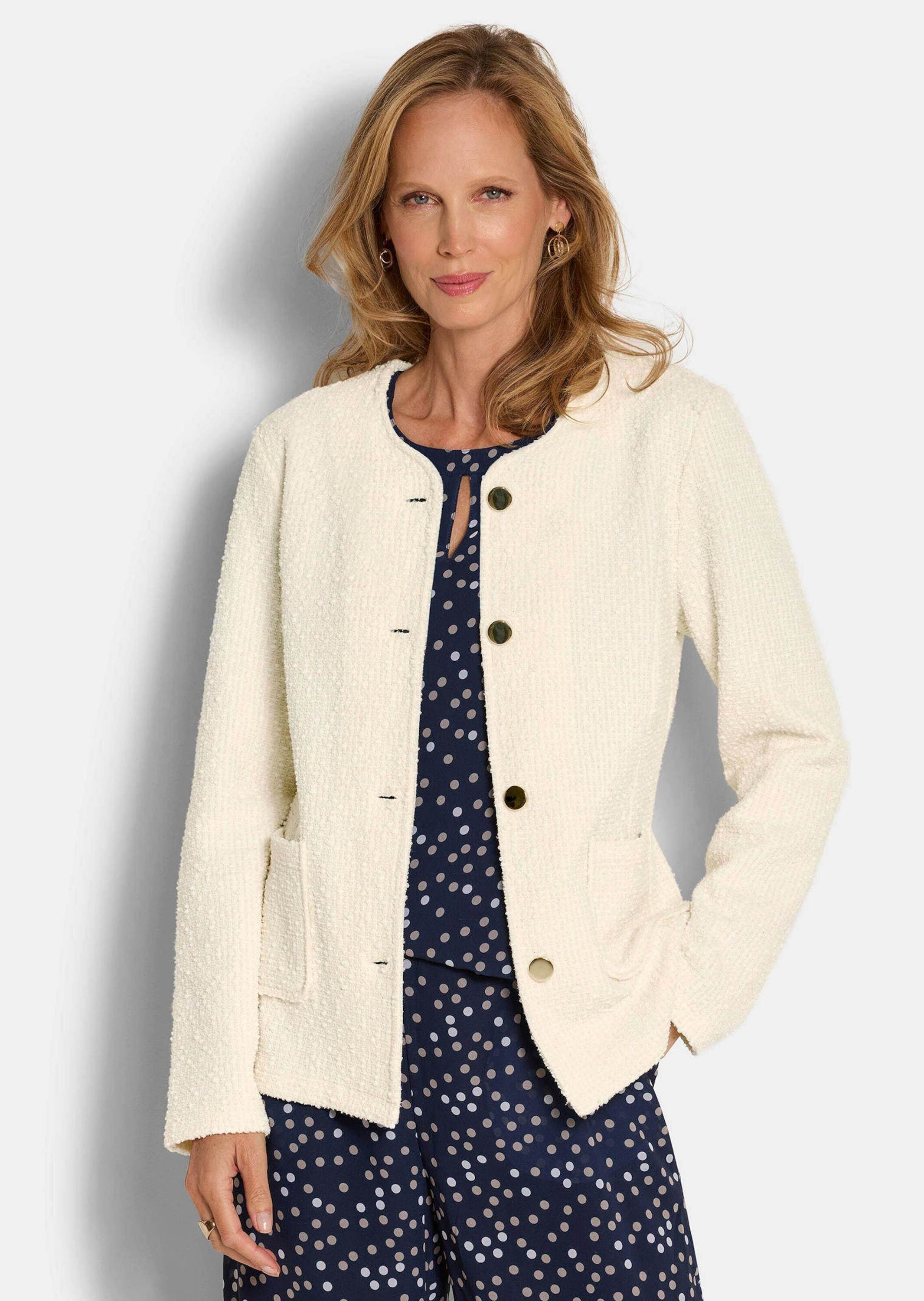 GOLDNER Jerseyblazer Baumwollblazer mit Glanzdetails Businessjacke mit Rundhals, Knopfleiste, Taschen und Langarm