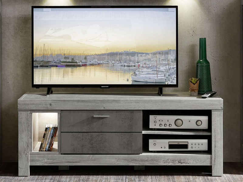 möbelando TV-Board Gravesend, Modernes TV-Lowboard in Haveleiche Nachbildung / Beton Oxid dunkel Nachbildung, Korpus aus Spanplatte, Front aus MDF mit 1 Schubkasten und 3 offenen Fächern, inkl. LED-Beleuchtung. Breite 150 cm, Höhe 59 cm, Tiefe 47 cm