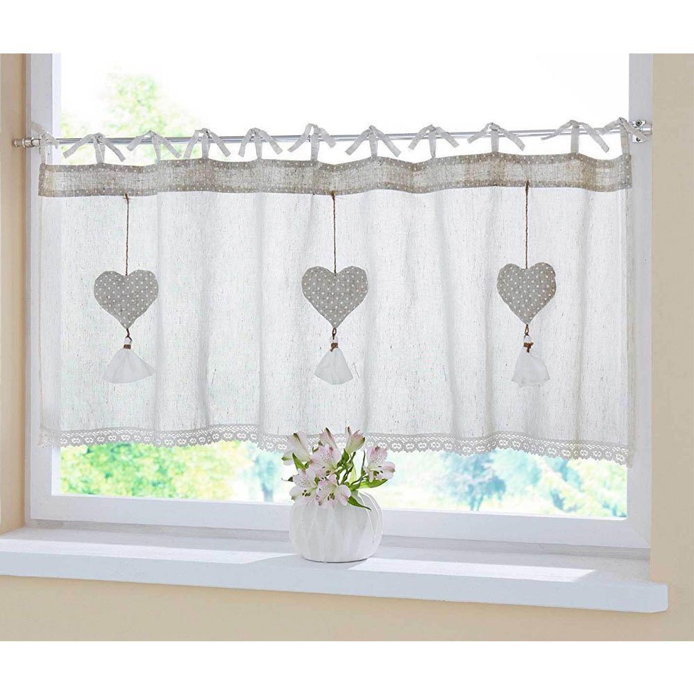 Home-trends24.de Scheibengardine Herz Gardine Fenstervorhang Landhaus Creme Leinenoptik – Bild 4 von 4