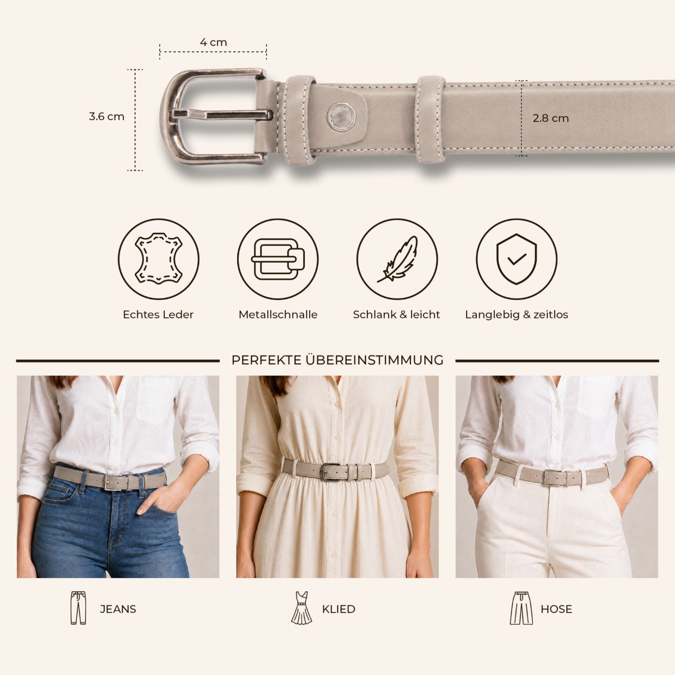 herémood Ledergürtel Gürtel Damen Ledergürtel Jeans & Kleid Geschenke Frauen Accessoires (Gürtel Damen Grau 95 cm - Premium Ledergürtel - handgefertigt - hochwertig verarbeitet - kürzbar, 1-St., Taillengürtel Damen aus Echtleder, für Mom Jeans Damen & Kleid & Hosen) Damengürtel Leder, Geburtstag Geschenk Frau Jeans, Hosen & Kleidung