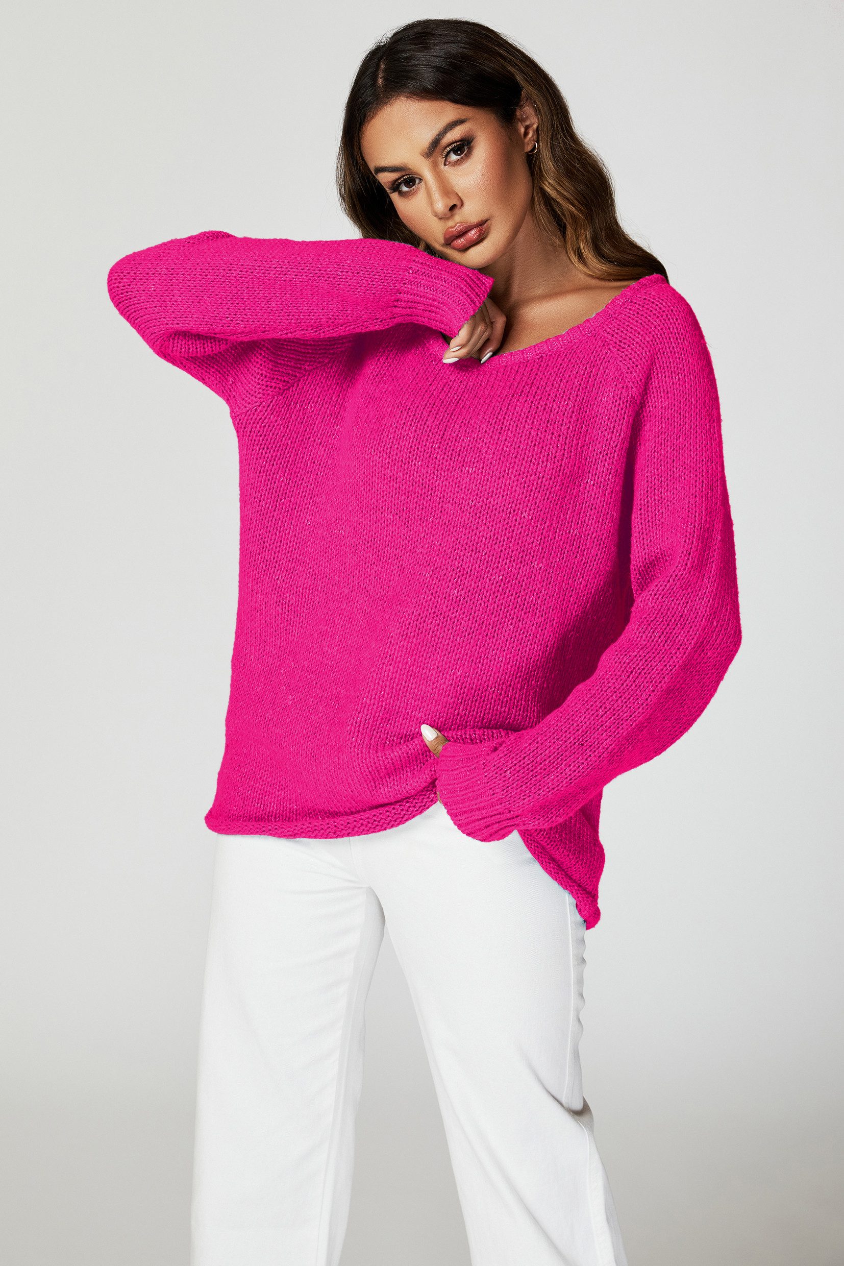 FS Collection Strickpullover Bequemes Pulloveroberteil Pullover-Top – Strickwaren (Einheitsgröße: UK 8–14 / EU 36–44, 6 Farben : Dunkelbeige, Beige, Hellblau, Magenta, Marineblau und Rosa) 60 % Acryl, 40 % Polyester