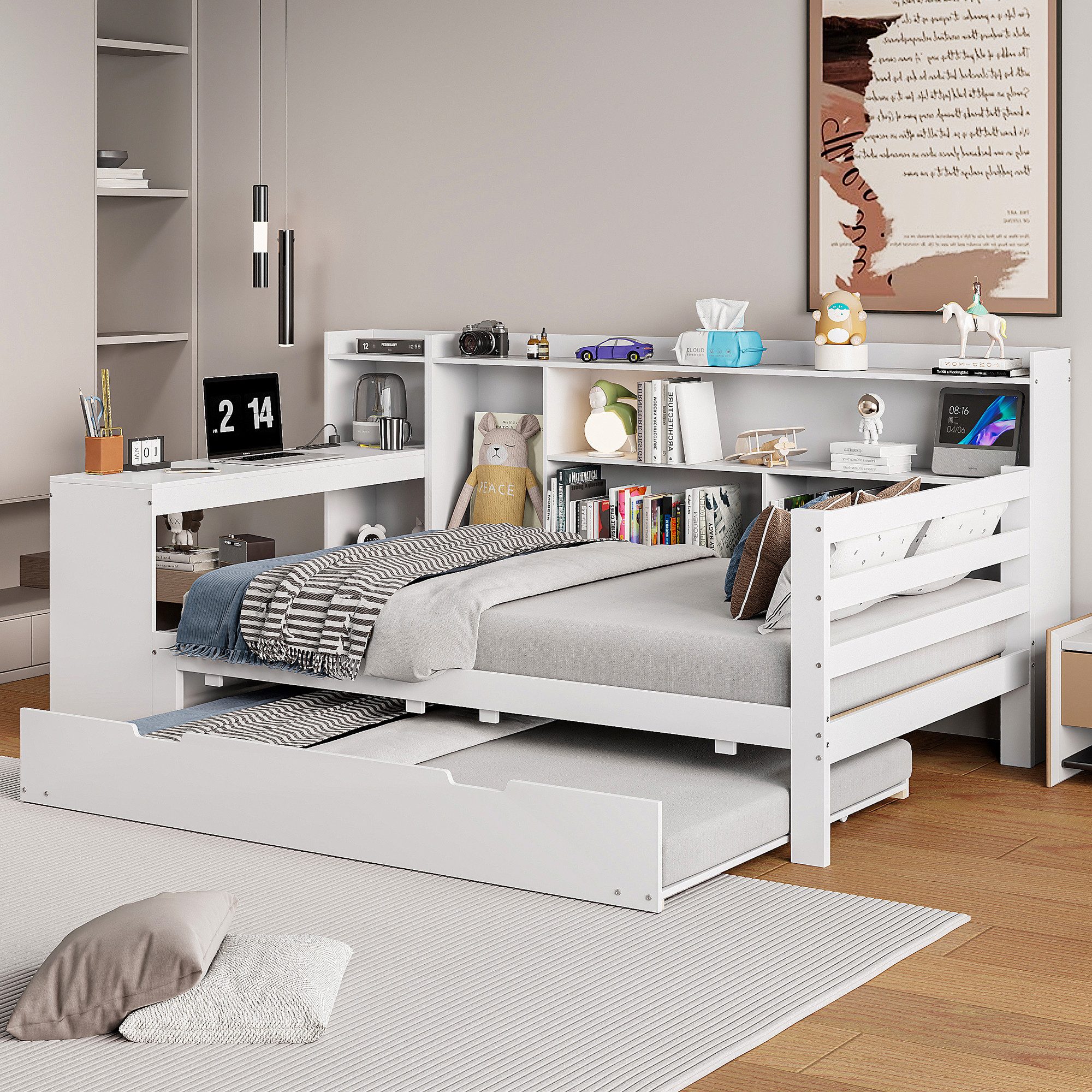 Odikalo Ausziehbett Daybett Schlafsofa Schreibtisch Regal Ablagefach Weiß/Grau 90/140, Multifunktionales Holzbett, Mit Steckdose