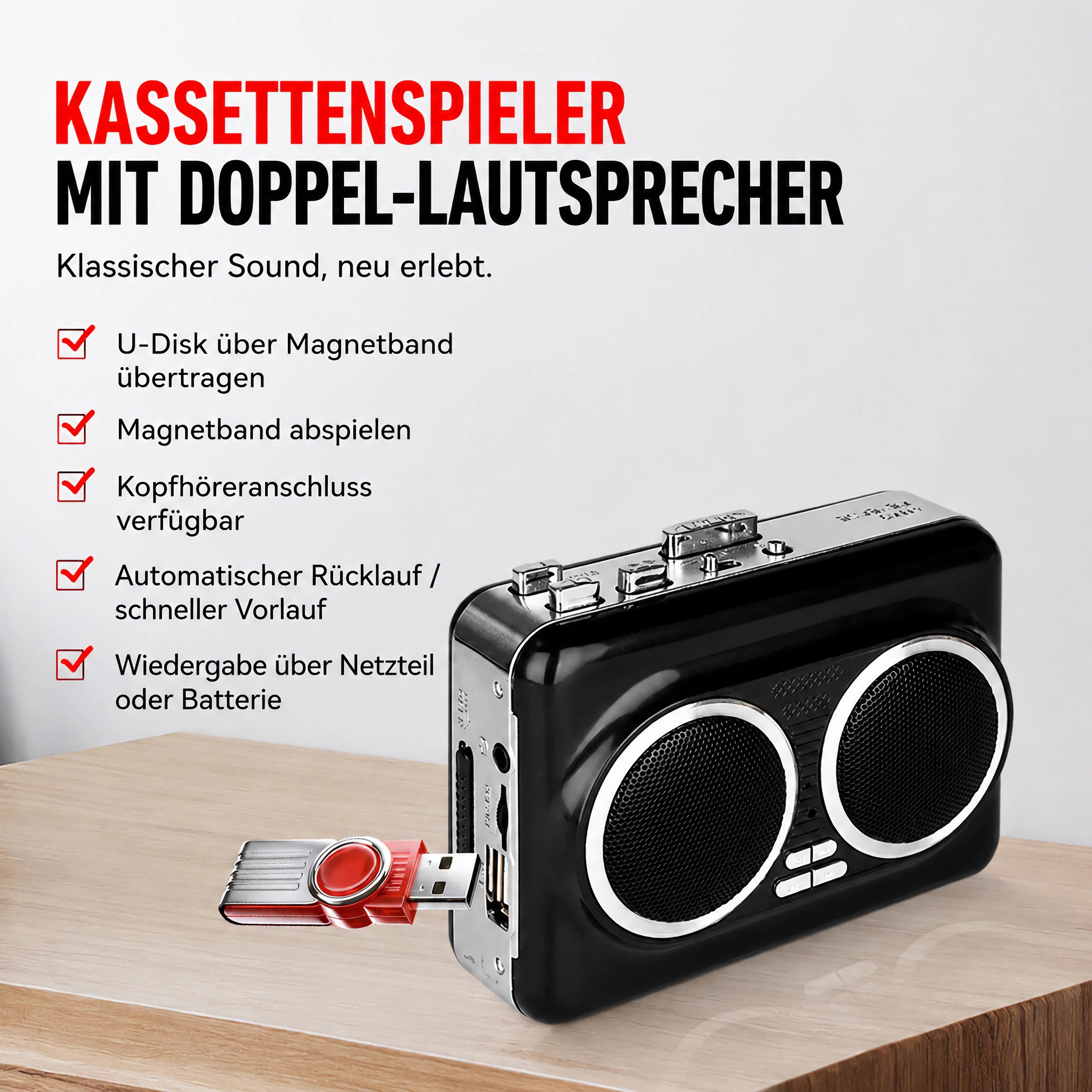 Bolwins J16C Kassetten zu MP3 Konverter mit USB-Aufnahme, Lautsprecher, 3.5mm Kassetten Player (Nicht zutreffend, Audiowiedergabe ohne Videoausgabe, Nicht zutreffend, Kassettenwiedergabe, MP3-Aufnahme, USB-Digitalisierung, Schnellvorlauf, Bandrücklauf, Musikwiedergabe über Lautsprecher, Musikwiedergabe über Kopfhörer, 0 GB Festplatte, Direkte MP3-Konvertierung auf USB-Stick ohne PC, Dual-Speaker)