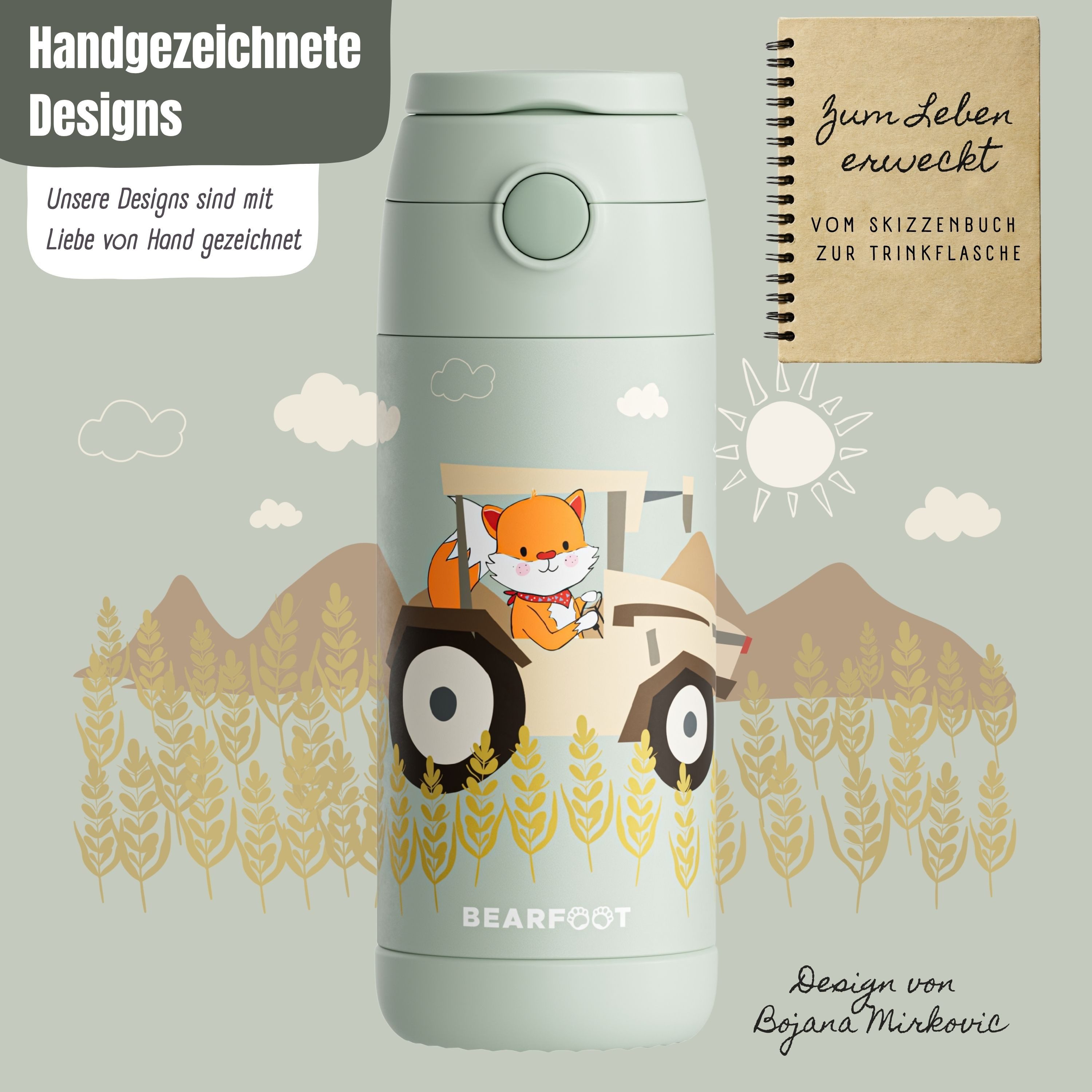BEARFOOT Trinkflasche Thermo Kinder Trinkflasche Edelstahl - Traktor grün, Thermosflasche, auslaufsicher, Edelstahl, Kinderflasche, BPA-frei – Bild 4 von 5