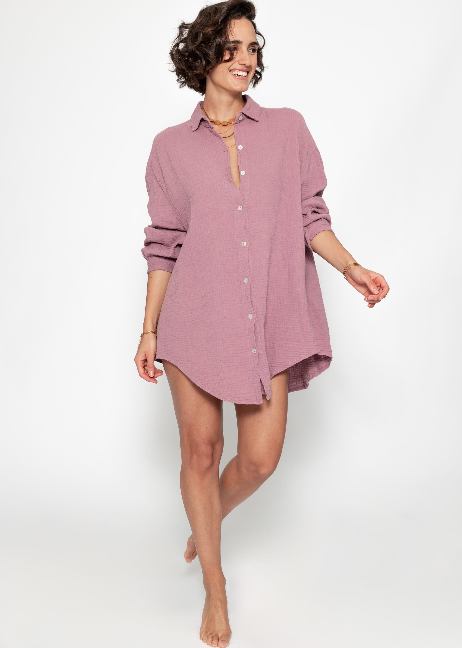 SASSYCLASSY Longbluse Oversize Musselin Bluse Damen Langarm Elegant Hemdbluse lang aus Baumwolle mit V-Ausschnitt, One Size (Gr. 36-48)